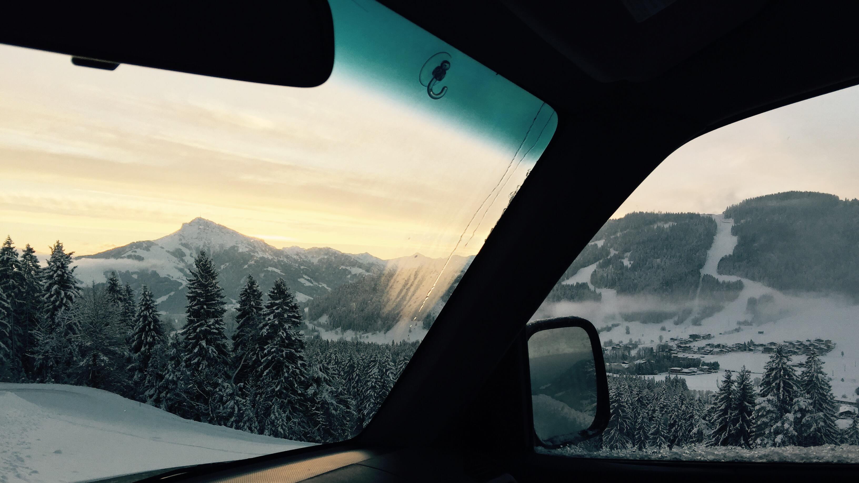 snowcapped mountain, morning, beauty in nature, scenics - nature, vehicle, tree, sky, car, glass - material, 2K, covered, ride, snow, nature, vehicle interior, HD Wallpaper