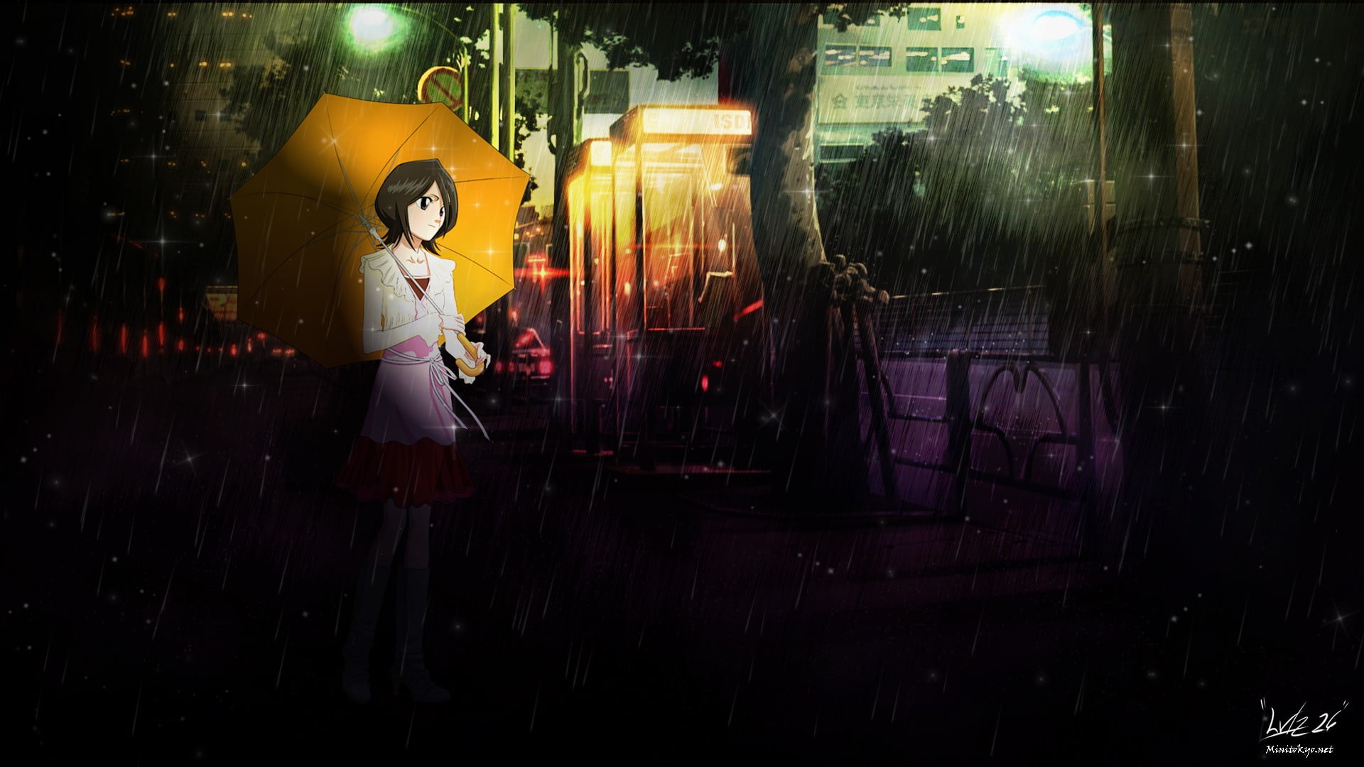 architecture, anime girls, rain, illuminated, Bleach, one person, night, outdoors, wet, women, beautiful woman, city, adult, Kuchiki Rukia, young adult, HD Wallpaper