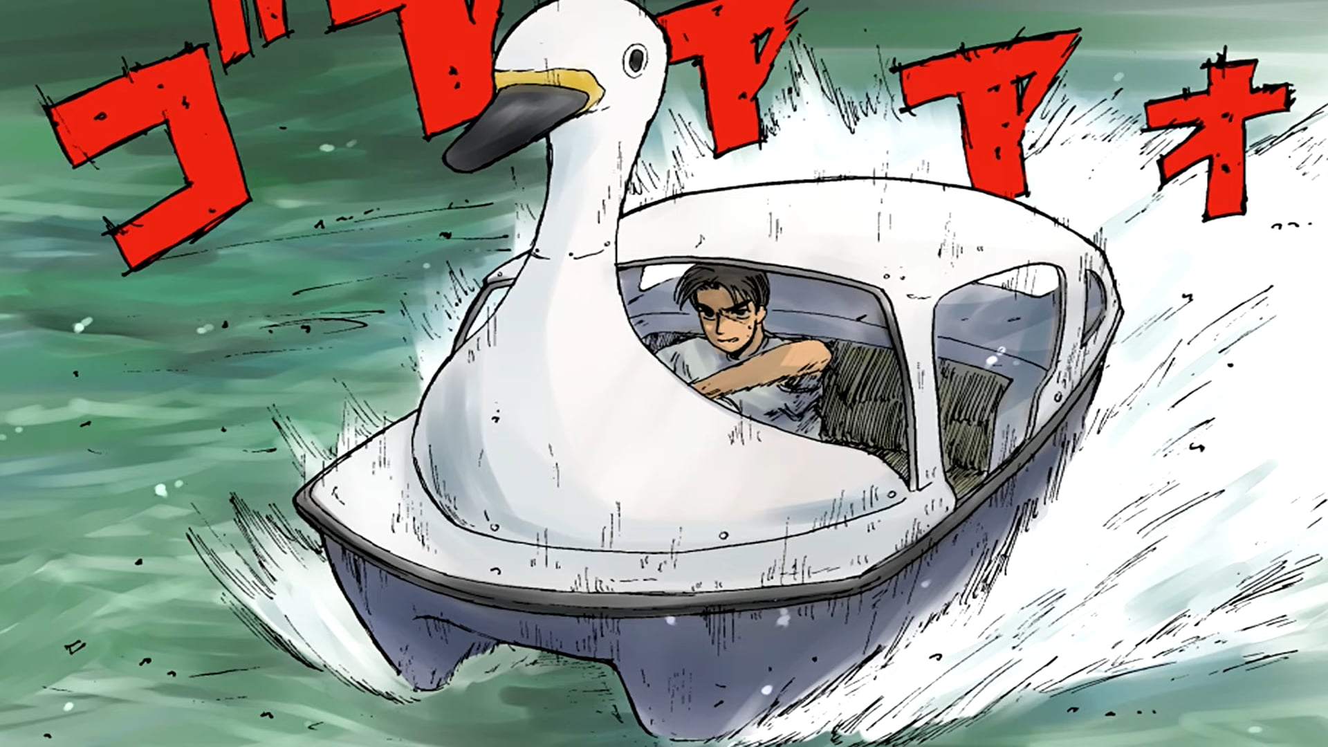 Takumi Fujiwara, Initial D, duck, drift, parody, boat, 1080P, HD Wallpaper