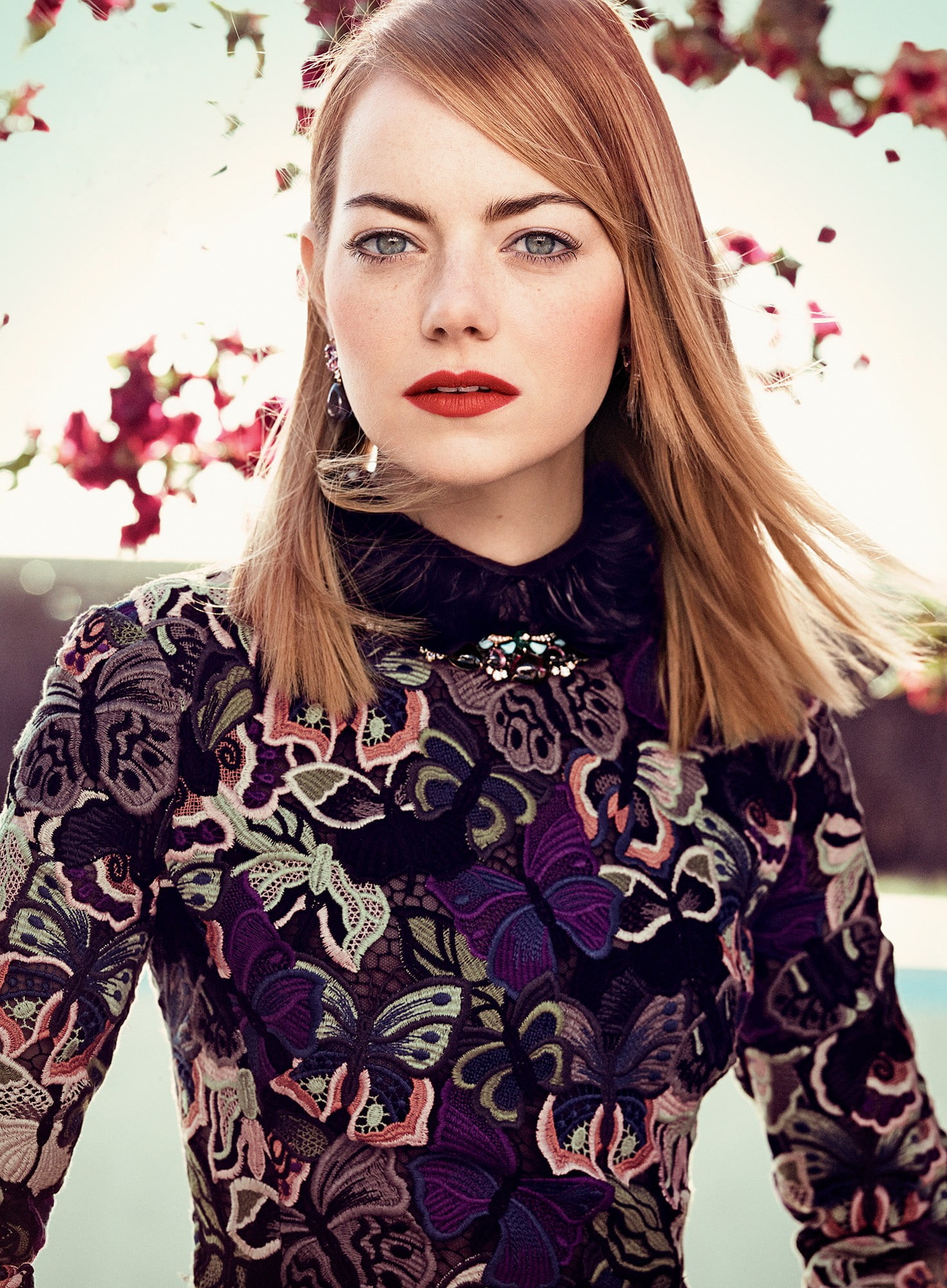 floral pattern, front view, beauty, hair, waist up, actress, portrait, contemplation, looking at camera, Emma Stone, hairstyle, standing, women outdoors, Phone HD Wallpaper