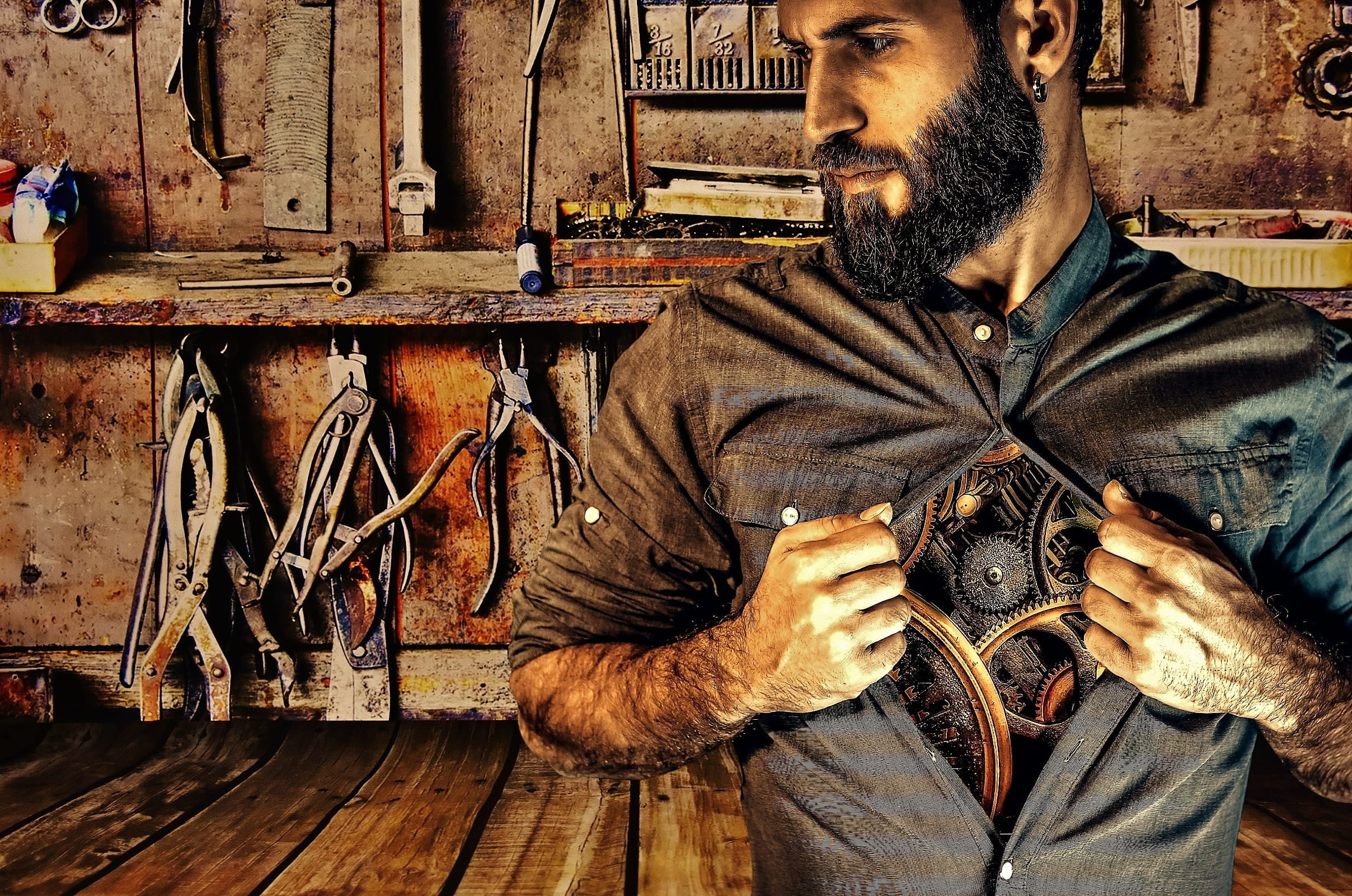 one man only, opening, casual clothing, wood - material, indoors, work, gears, only men, mid adult men, body, real people, lifestyles, front view, leisure activity, HD Wallpaper