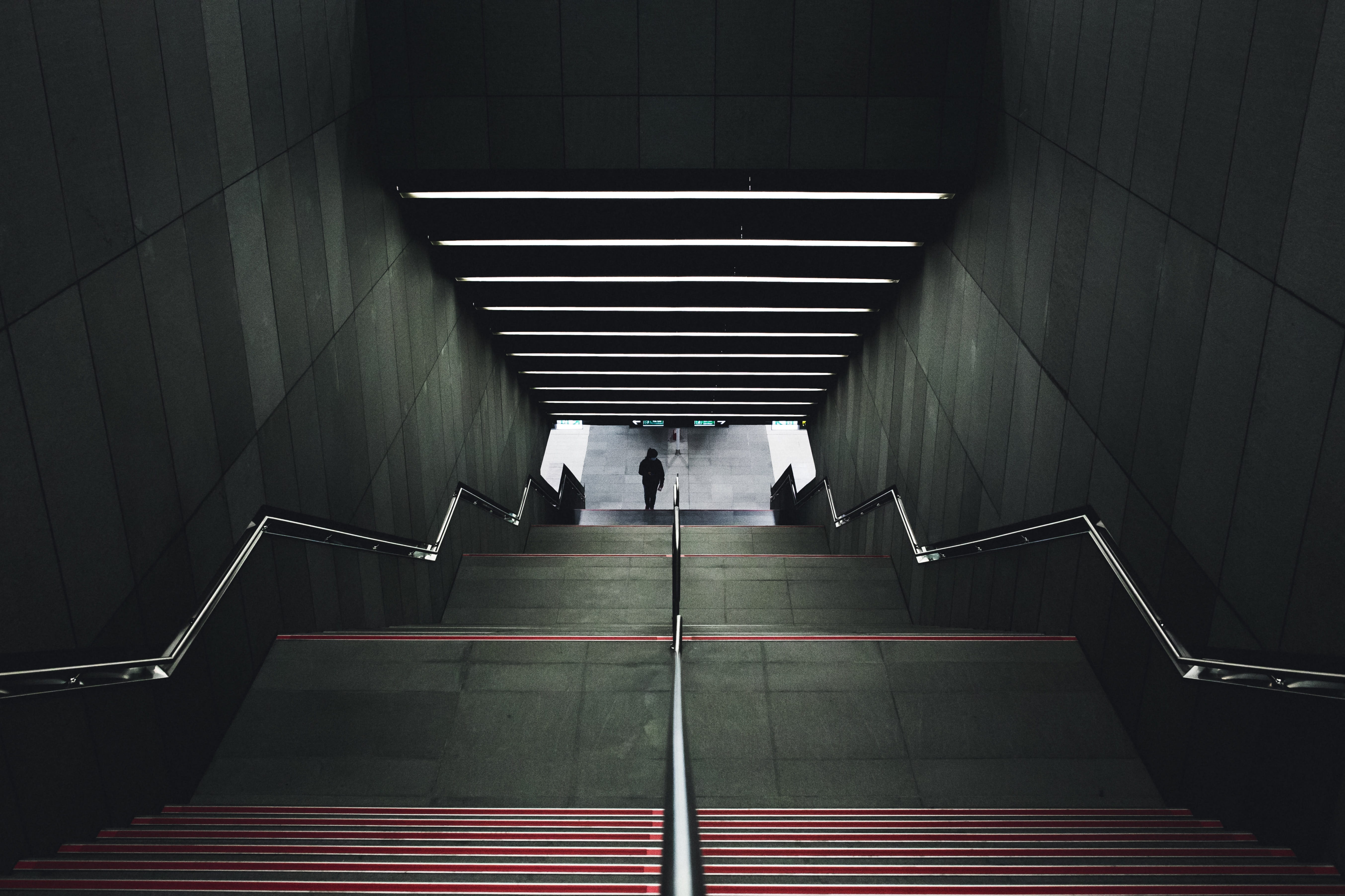 railing, illuminated, architecture, indoors, train, underground, urban, public transportation, subway, stairs, rear view, commute, person, stairwell, travel, HD Wallpaper