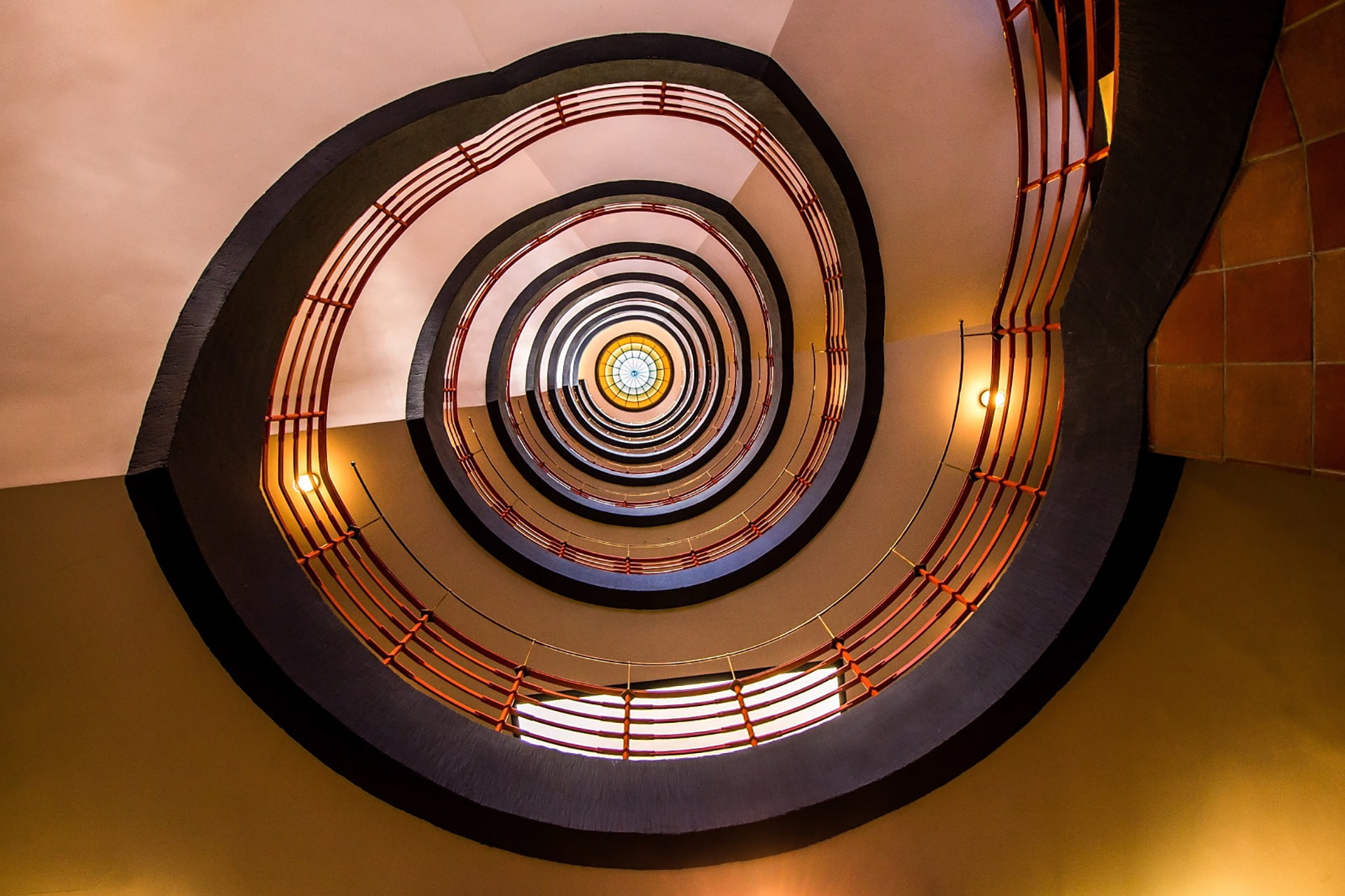stairwell, stained glass, circle, lights, 1080P, stairs, spiral, HD Wallpaper
