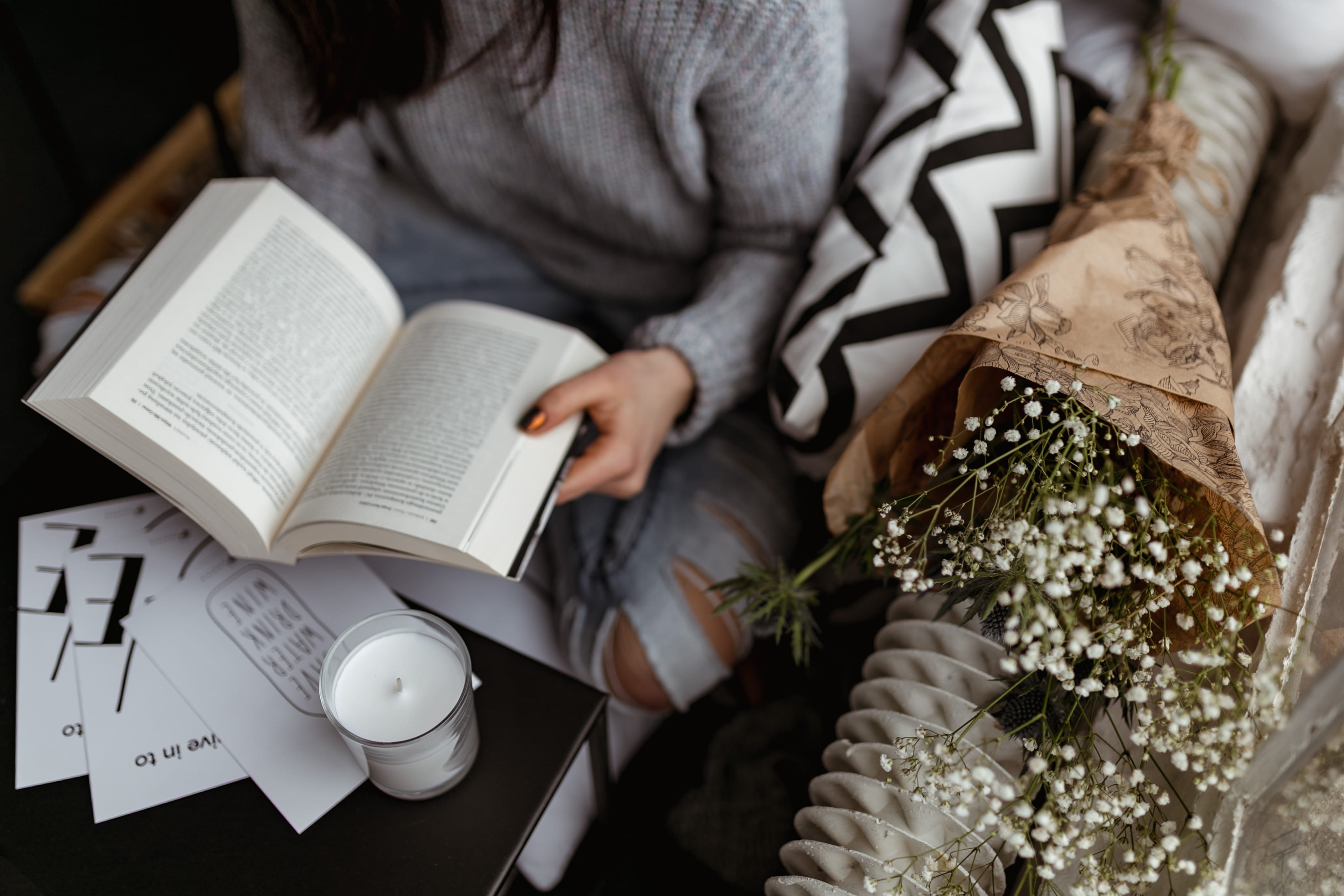 one person, pullover, publication, jumper, reader, indoors, female, midsection, sweater, woman, 2K, relax, furniture, book, flowering plant, reading, paper, HD Wallpaper