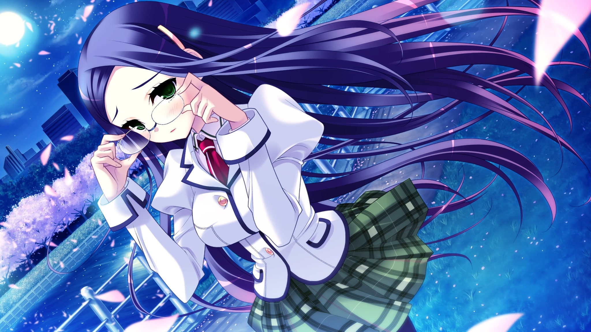anime, hd, eyes, green, meganekko, d, abstract, purple, cg, school, art, uniforms, school uniforms, visual novels, green eyes, TIE, hair, flo, 1080P, game, HD Wallpaper