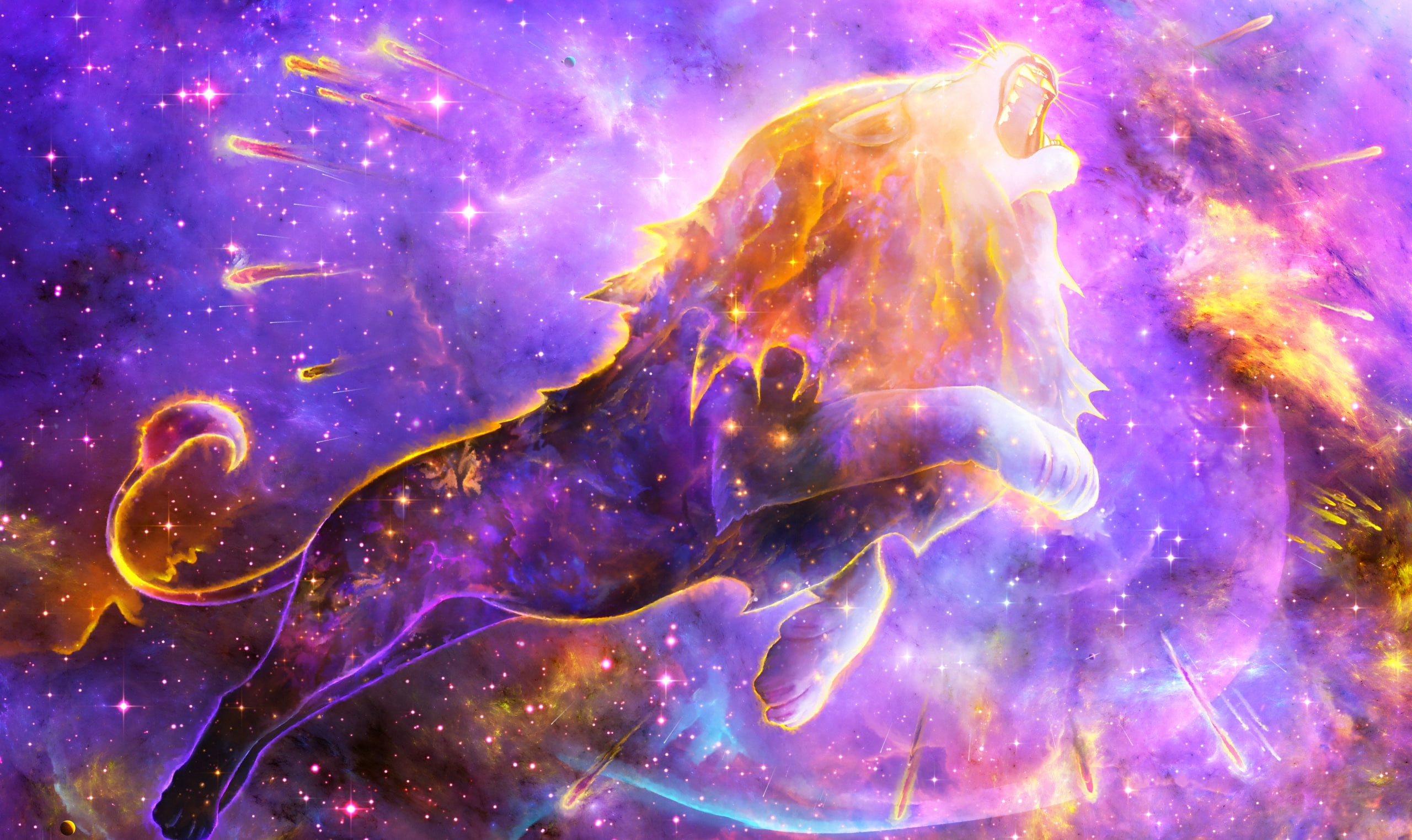 pink, lion, era 7, 2K, Lion spirit, fantasy, luminos, orange, spirit, HD Wallpaper