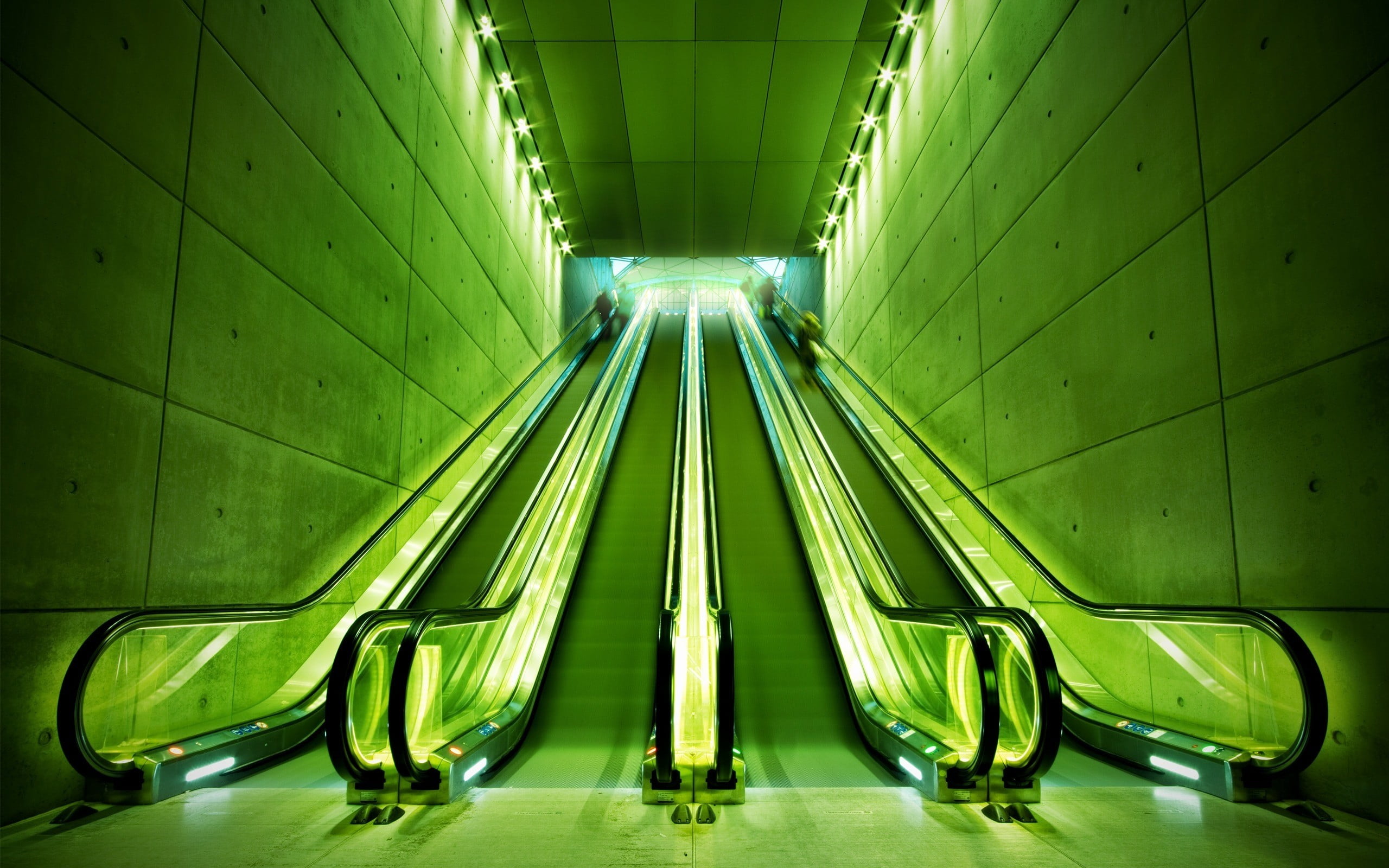 built structure, electric lamp, lighting equipment, escalator, 2K, low angle view, cityscape, green color, absence, architecture, technology, green, futuristic, HD Wallpaper