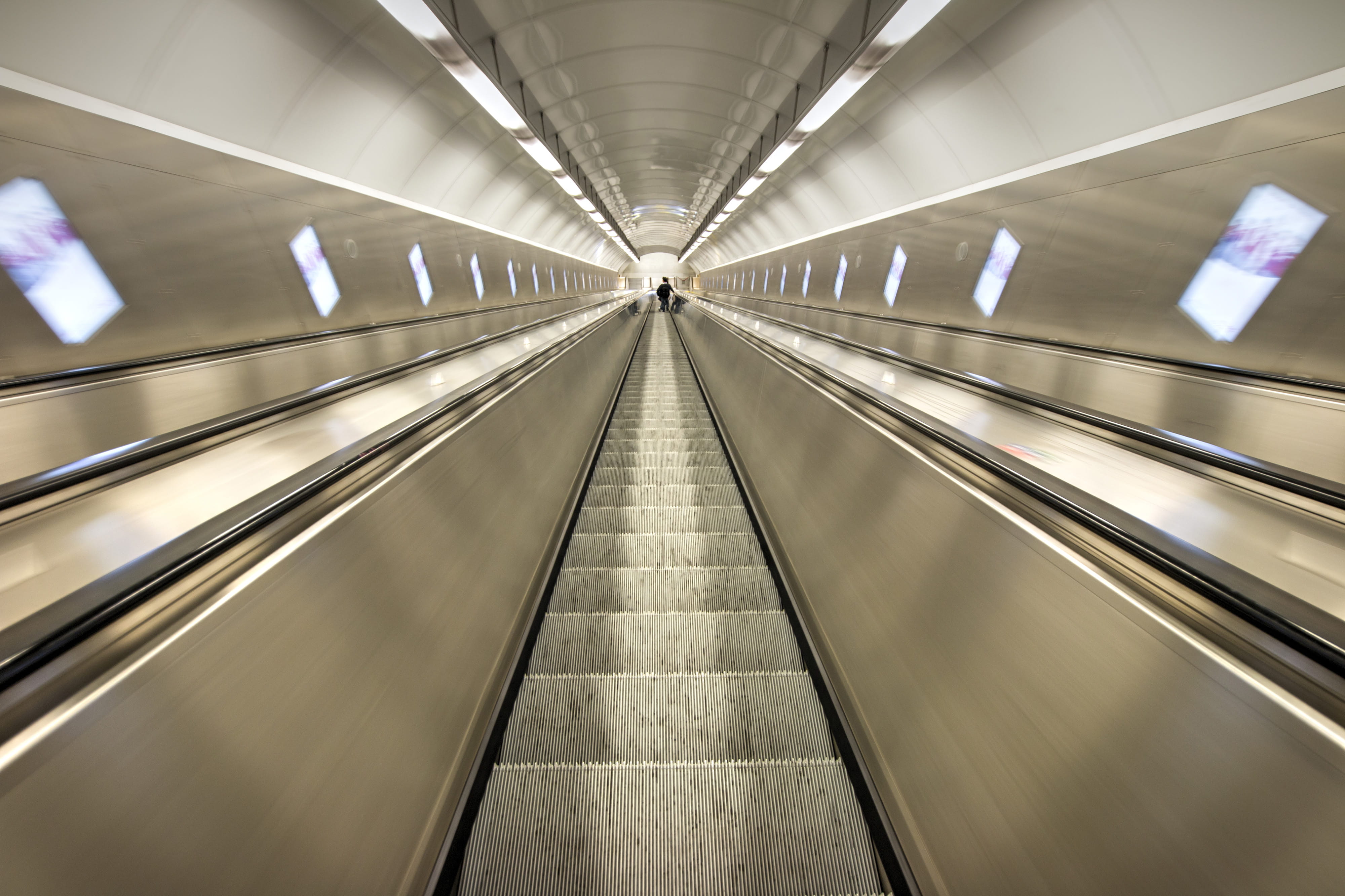 futuristic, modern, illuminated, technology, airport terminal, indoors, tunnel, railing, motion, luxury, diminishing perspective, transportation, direction, HD Wallpaper
