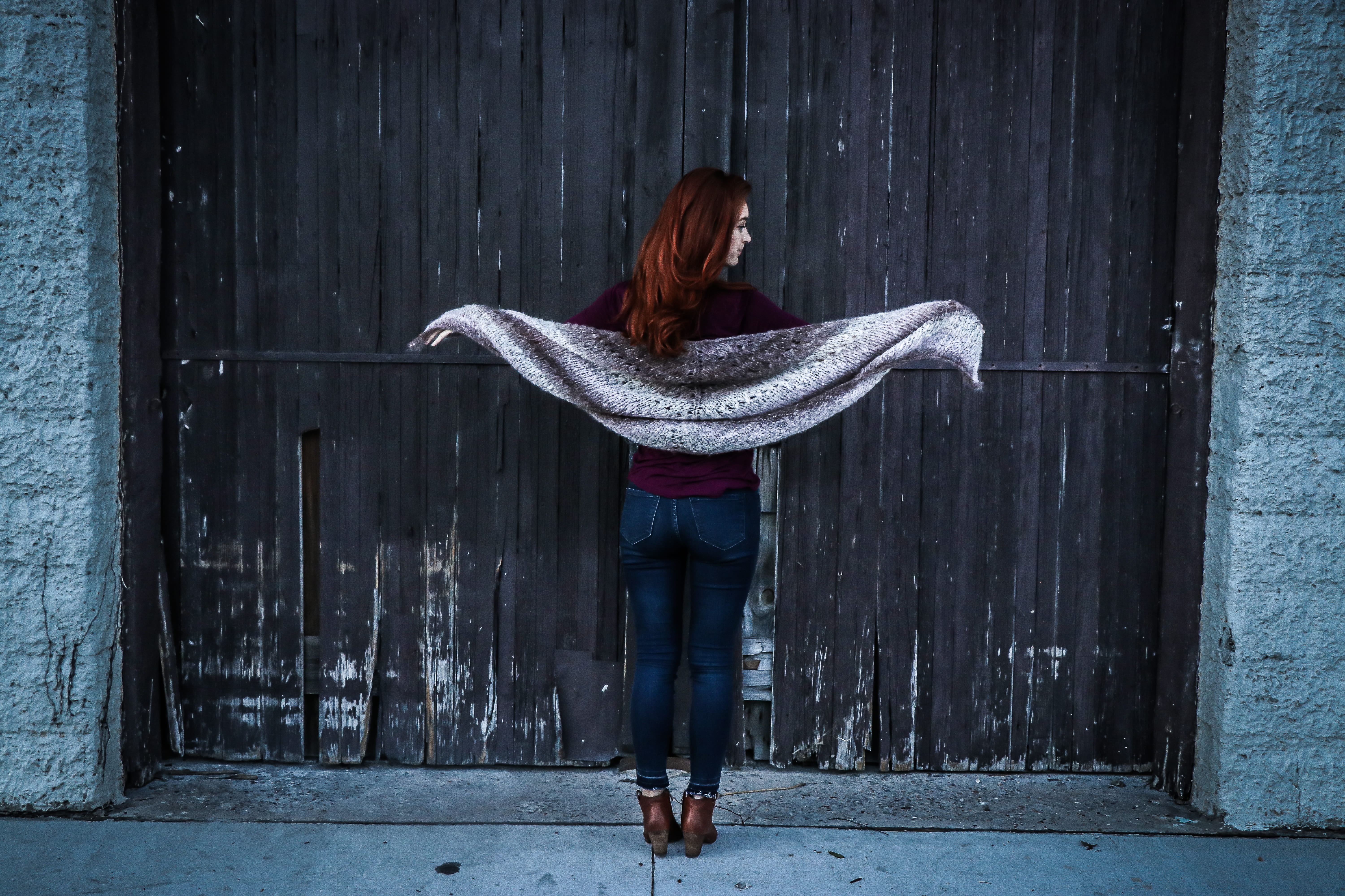 wear, young adult, color, outfit, urban, wood, fashion, holding, entrance, 5K, full length, outdoors, street, abandoned, one person, door, brown, scarf, HD Wallpaper