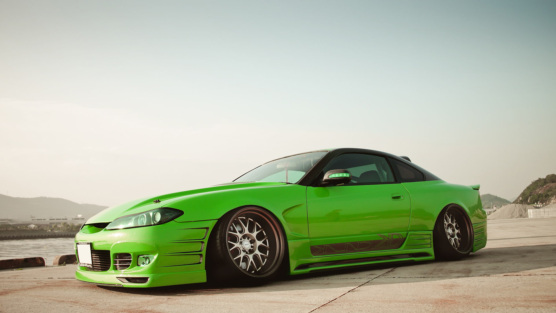 silvia s15, stationary, s, sports car, 1080P, sky, mountain, mode of transportation, day, racecar, land vehicle, motor vehicle, clear sky, green, vintage car, HD Wallpaper