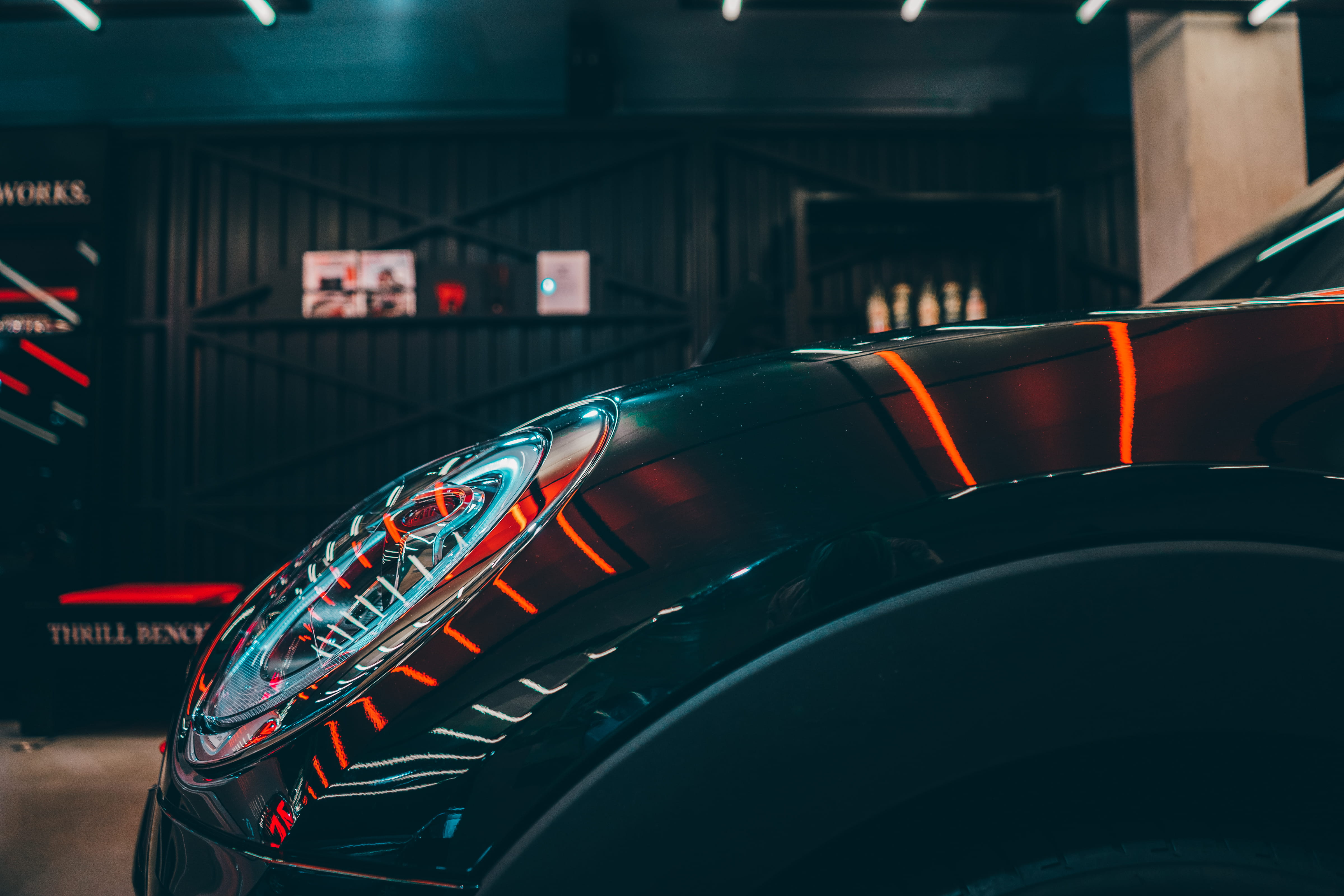 tail light, style, travel, black, stationary, 4K, action, drive, parked, no people, vehicle, garage, museum, transportation, illuminated, reflection, built structure, HD Wallpaper
