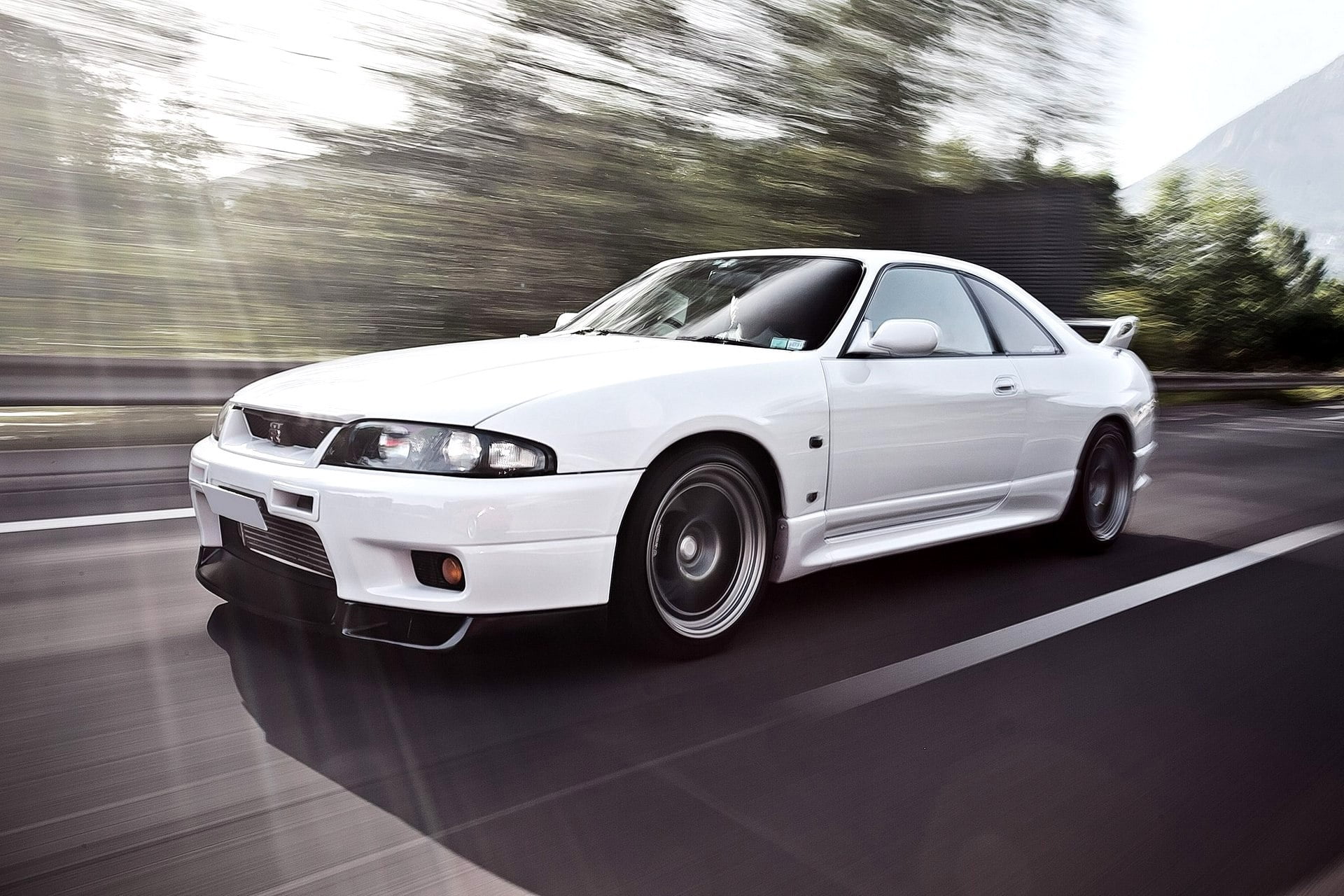 Nissan Skyline, street, mode of Transport, fuel and Power Generation, tree, Skyline, day, power, technology, outdoors, blurred motion, 1080P, Japan, driving, HD Wallpaper