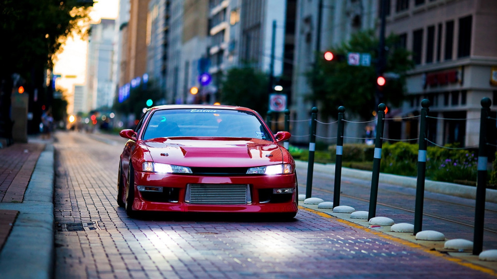 land vehicle, incidental people, architecture, building exterior, dusk, car nissan silvia spec r, city, mode of transportation, car, focus on foreground, HD Wallpaper