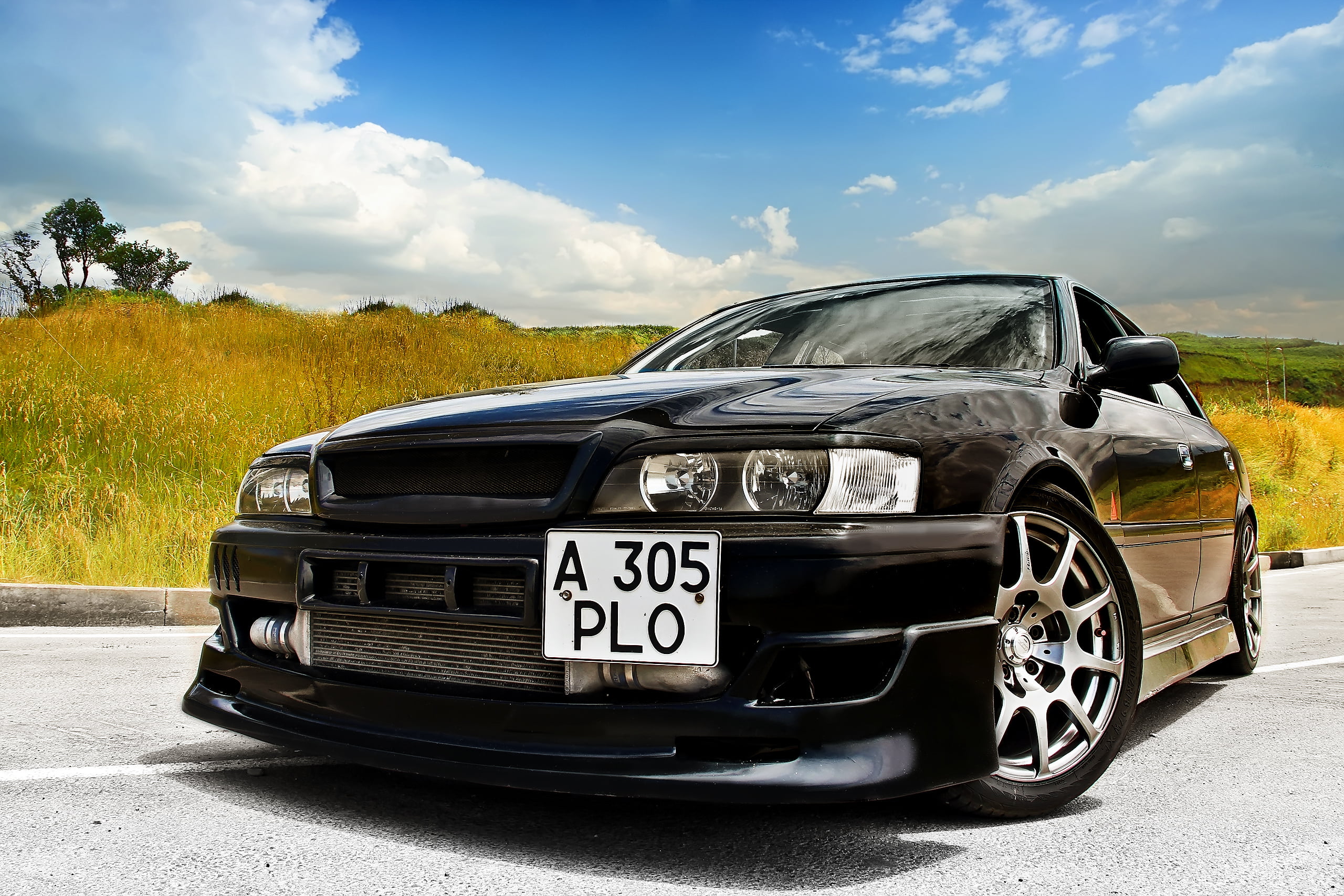 land vehicle, tree, day, plant, black, sunlight, Toyota, text, tayota, cloud - sky, car, outdoors, motor vehicle, stationary, sky, nature, street, chayzer, HD Wallpaper