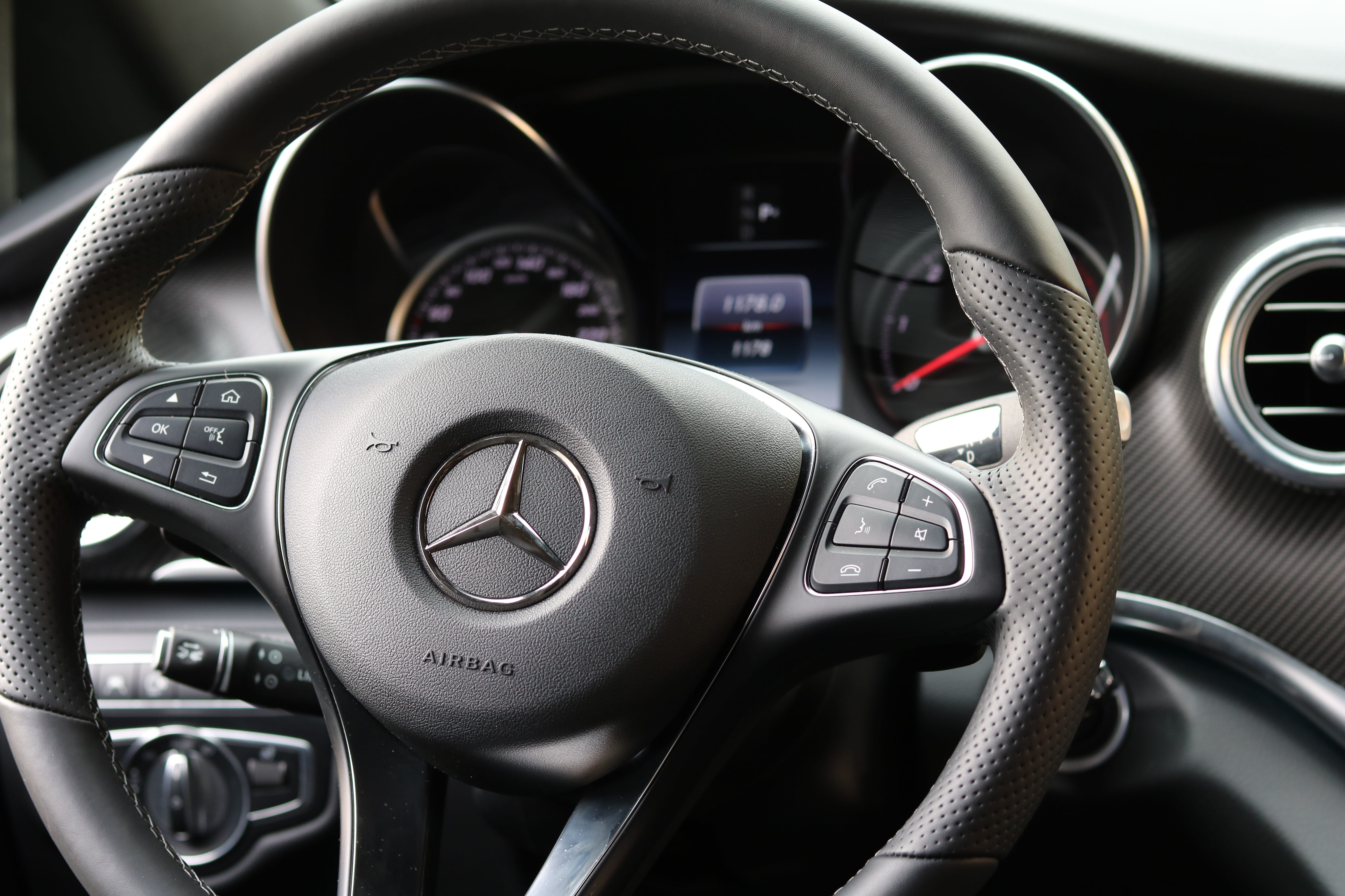 benz, leather steering wheel, motor vehicle, kilometer display, sporty, indoors, transport, automotive, control panel, black, gearshift, 5K, dashboards, HD Wallpaper