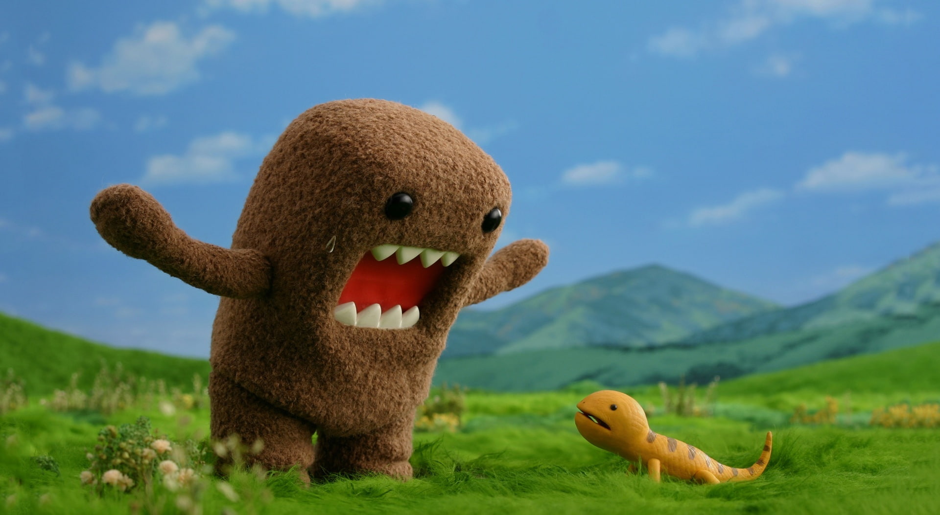 Funny, grass, animal representation, domo kun, representation, mammal, domo, brown, field, nature, 1080P, toy, no people, animal, land, environment, cloud - sky, HD Wallpaper