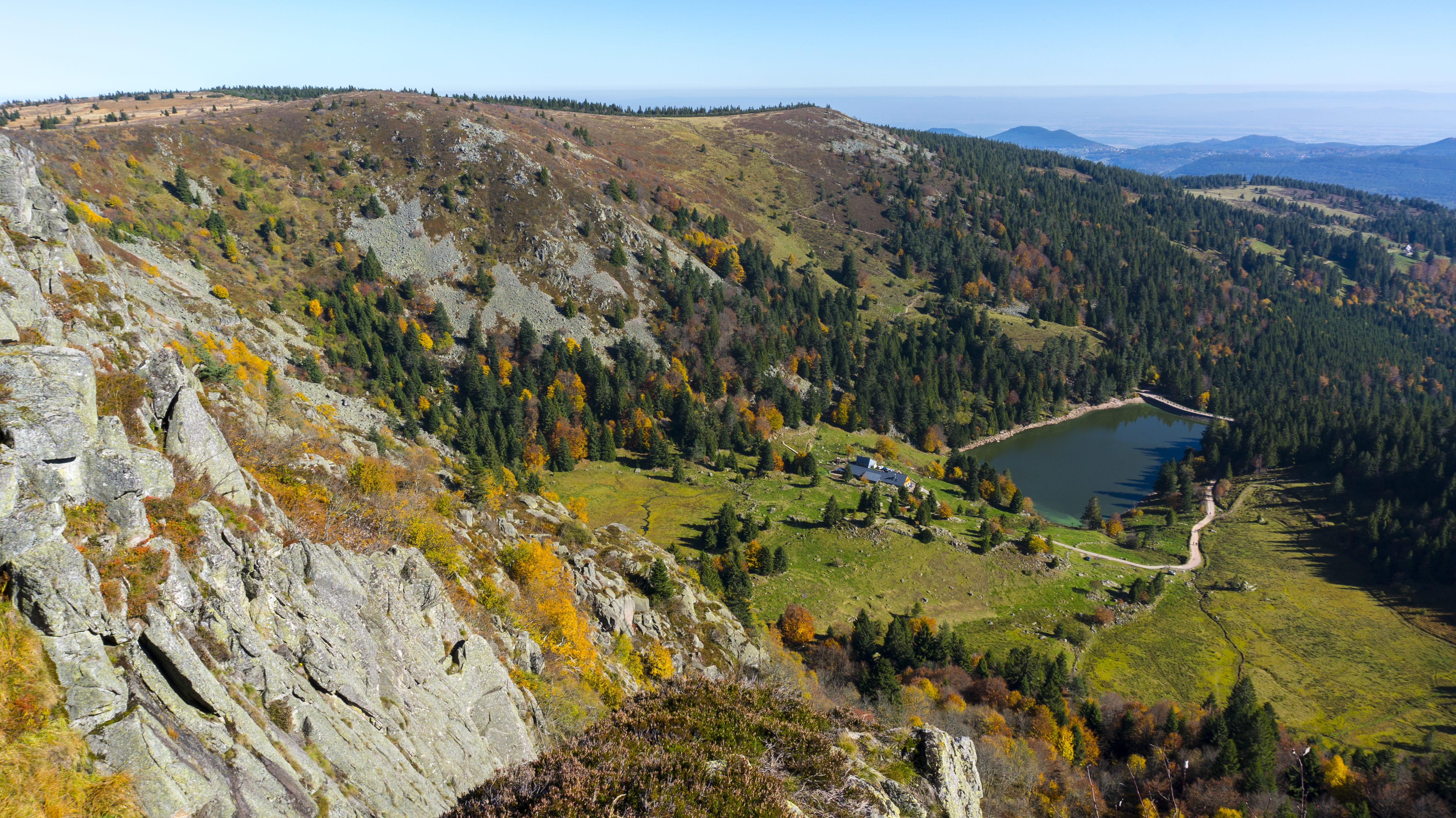 land, mountain range, day, coniferous tree, rock, no people, kar, panorama, ferme auberge, sun, pine tree, lac des truites, mountains, outlook, environment, HD Wallpaper