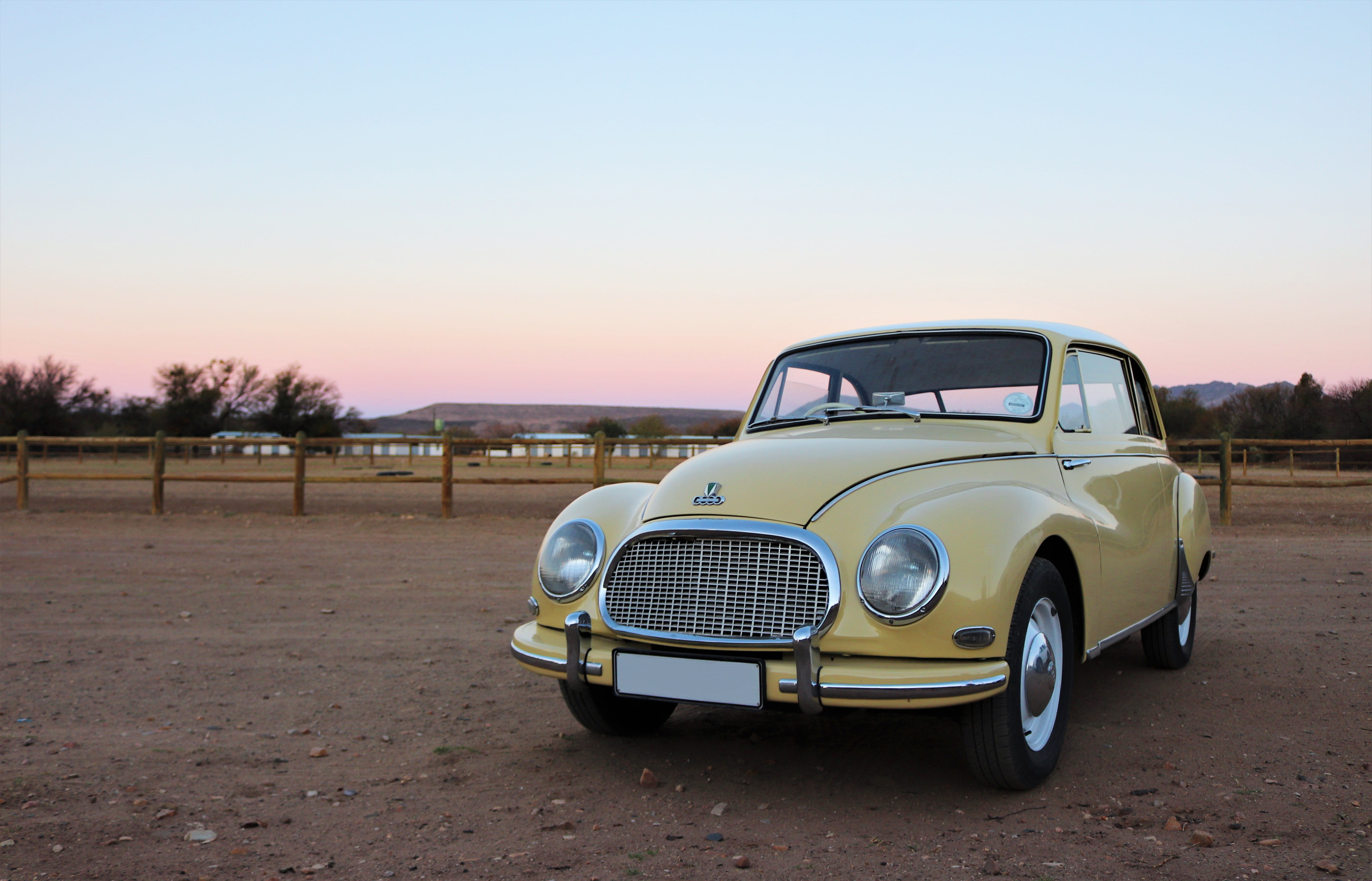 ranch, transportation, wheels, fencing, land, copy space, yellow, vehicle, sunset, prince albert, environment, car, motor vehicle, auto, retro styled, nature, HD Wallpaper