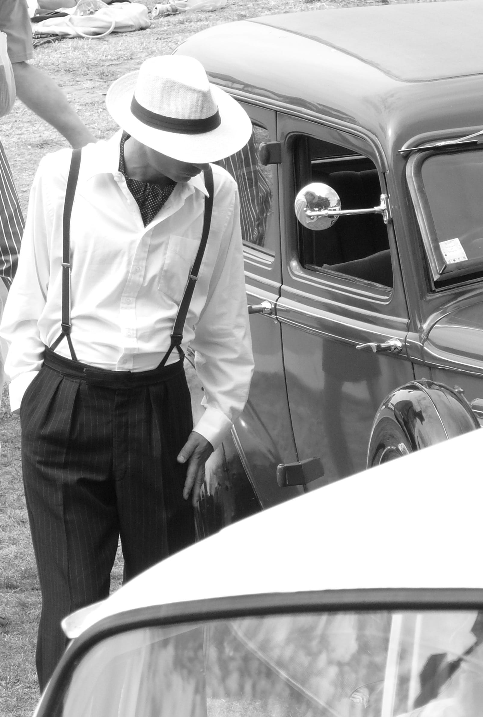 transportation, one person, land vehicle, clothing, man, vintage, charming, retro, 1080P, standing, male, wearing, aged, hat, napier, shirt, grayscale, Phone HD Wallpaper