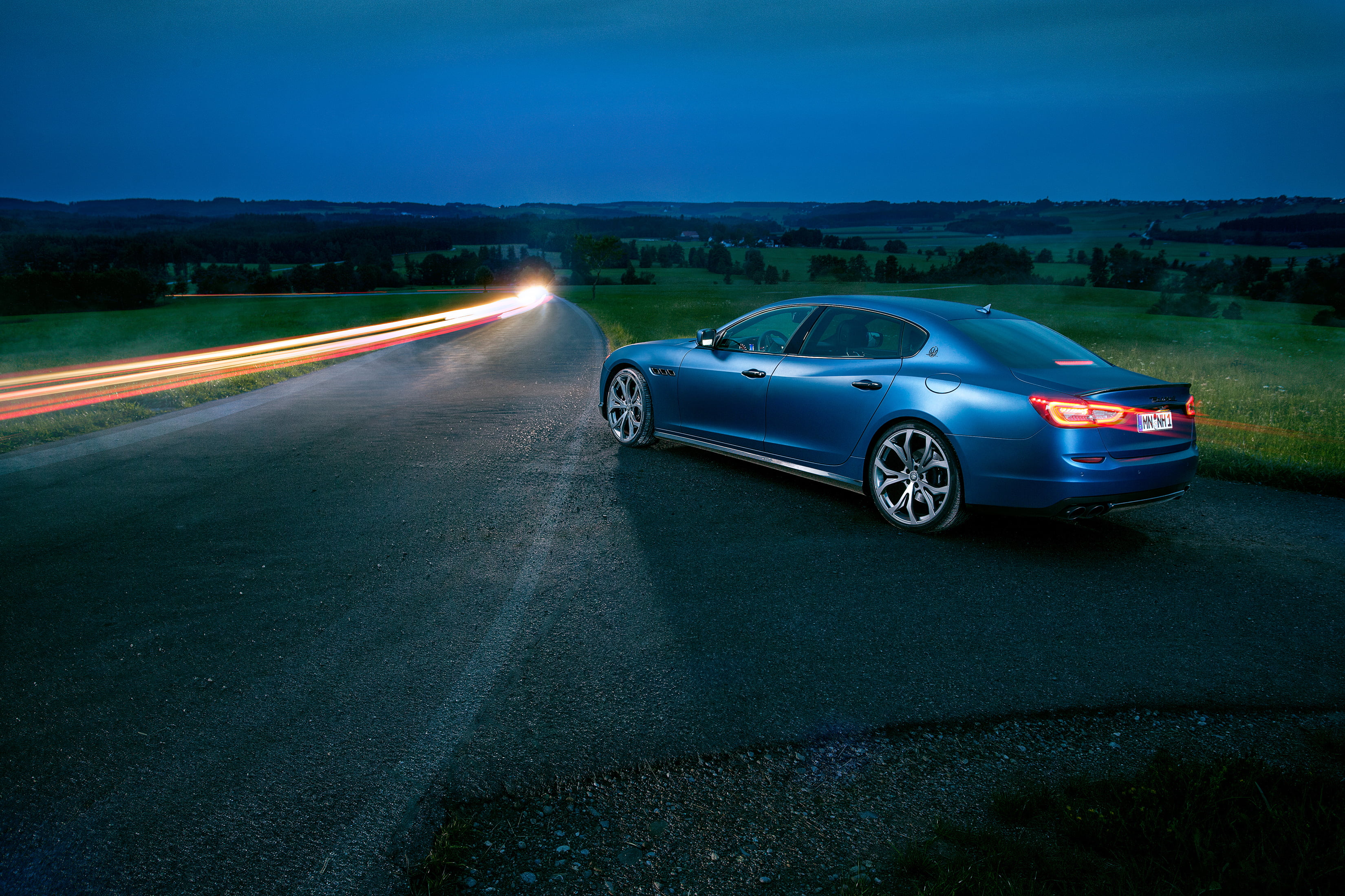 supercar, street, headlight, 2K, nature, land Vehicle, shiny, sky, illuminated, wheel, night, elegance, new, outdoors, blue, engine, novitec, blurred motion, HD Wallpaper
