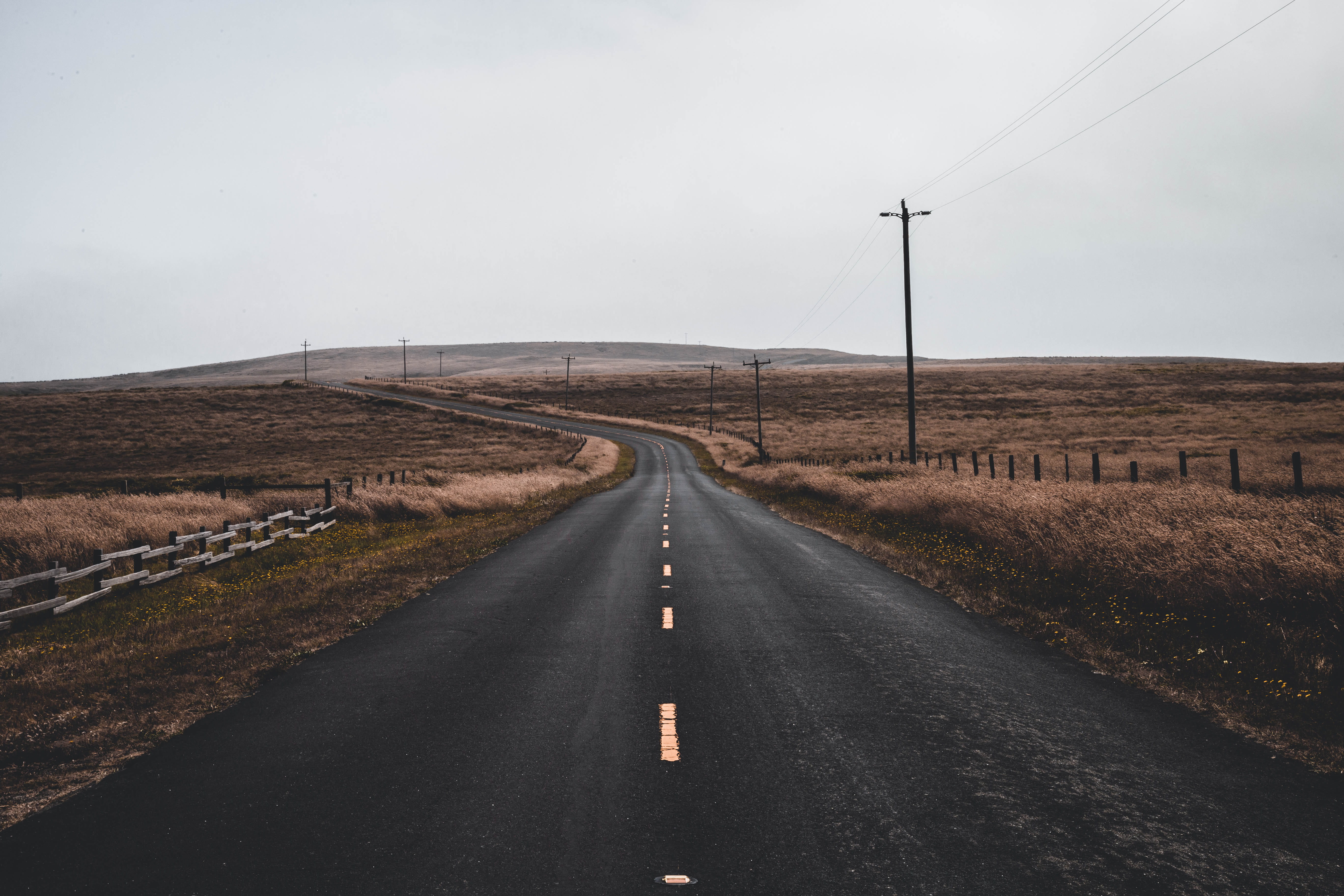 highland, environment, no people, telephone pole, landscape, fence, utility, telephone line, lonely road, marking, country, nature, discover, sky, sign, HD Wallpaper