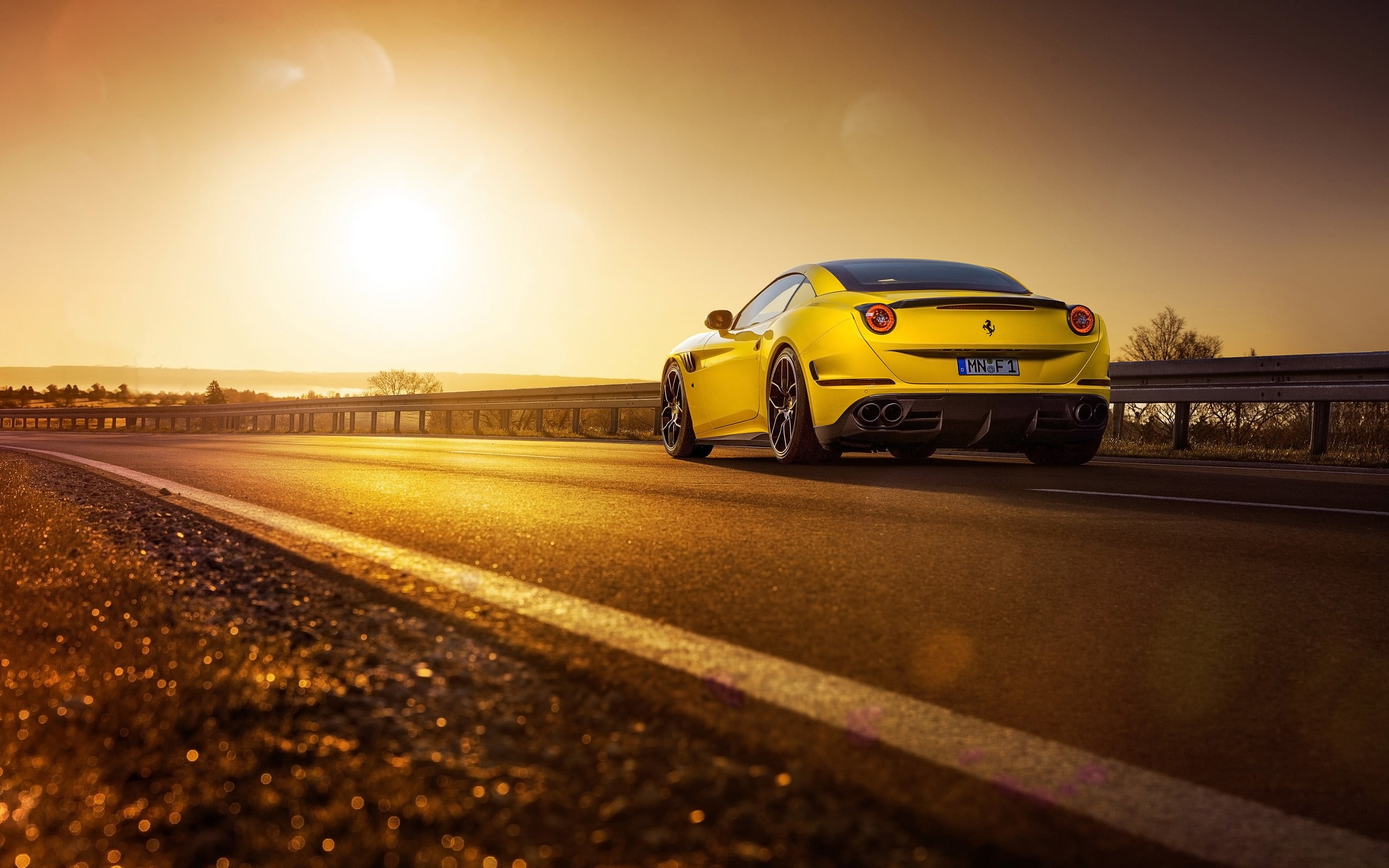 sunset, Novitec Rosso, car, taxi, speed, transportation, land vehicle, sunlight, travel, sky, superfast, nature, on the move, Ferrari California T, 2K, HD Wallpaper