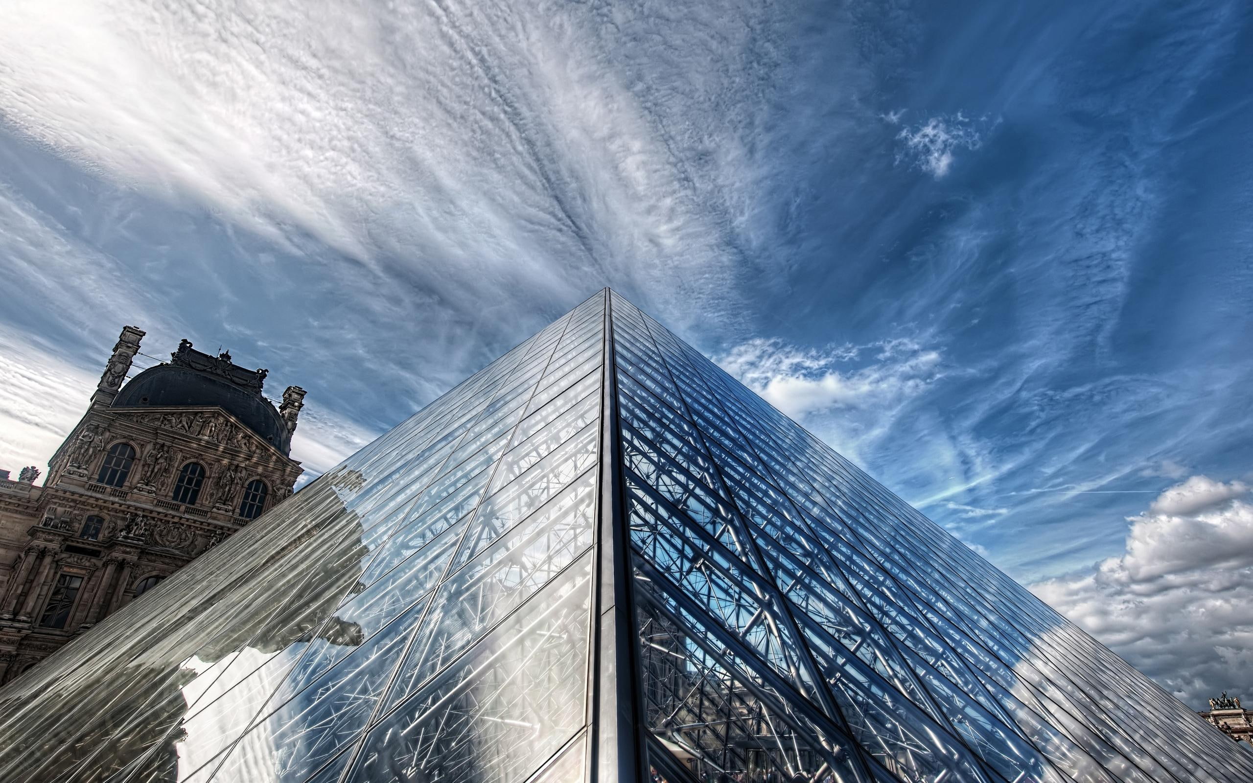 clouds, pyramid, architecture, louvre, 2K, nature, beautiful, animals, monuments, museum, HD Wallpaper