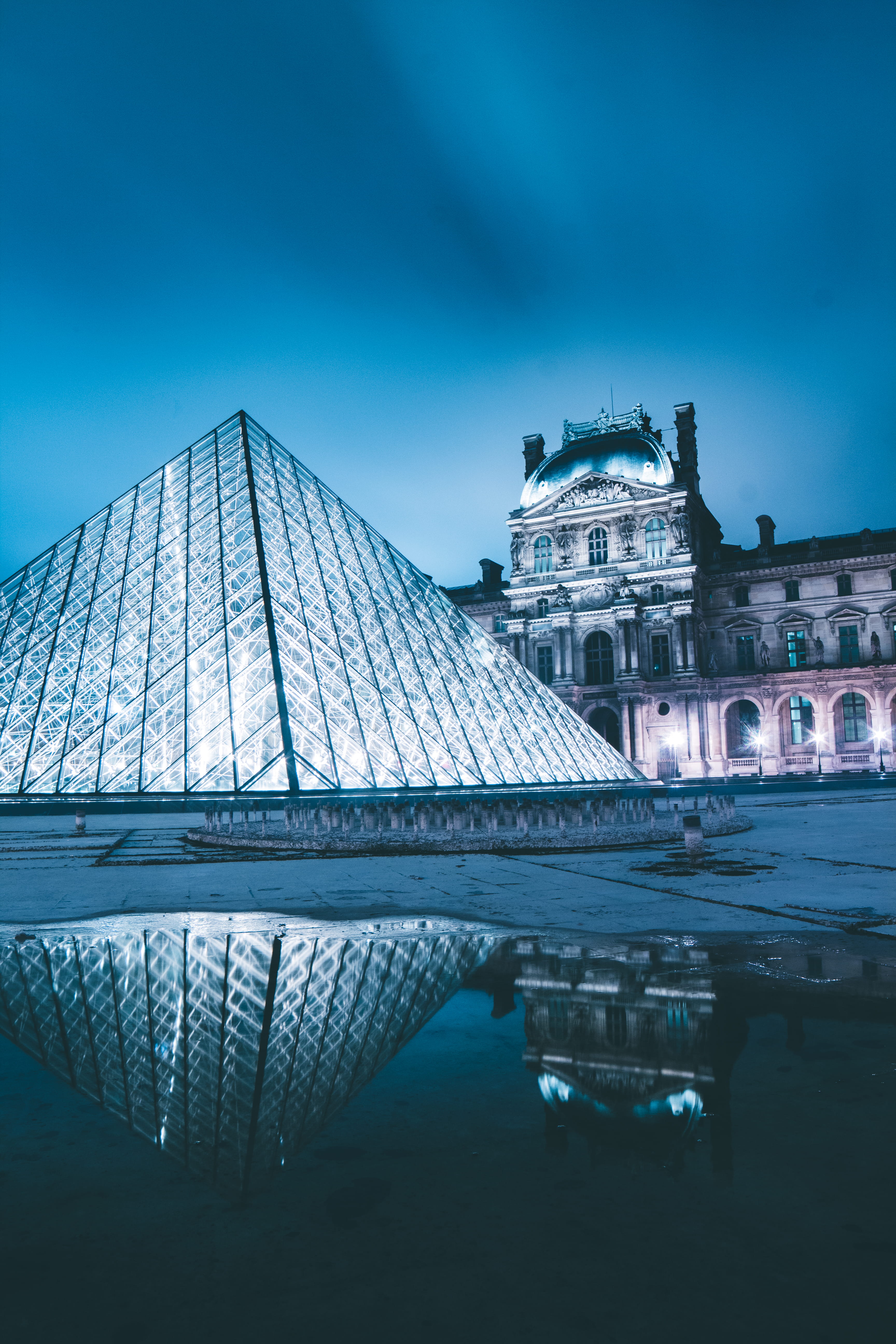 nights, france, 5K, art, city, italy, church, travel, water, building Exterior, piramid, history, night, blue, memories, museum, travel Destinations, pyramid, Phone HD Wallpaper
