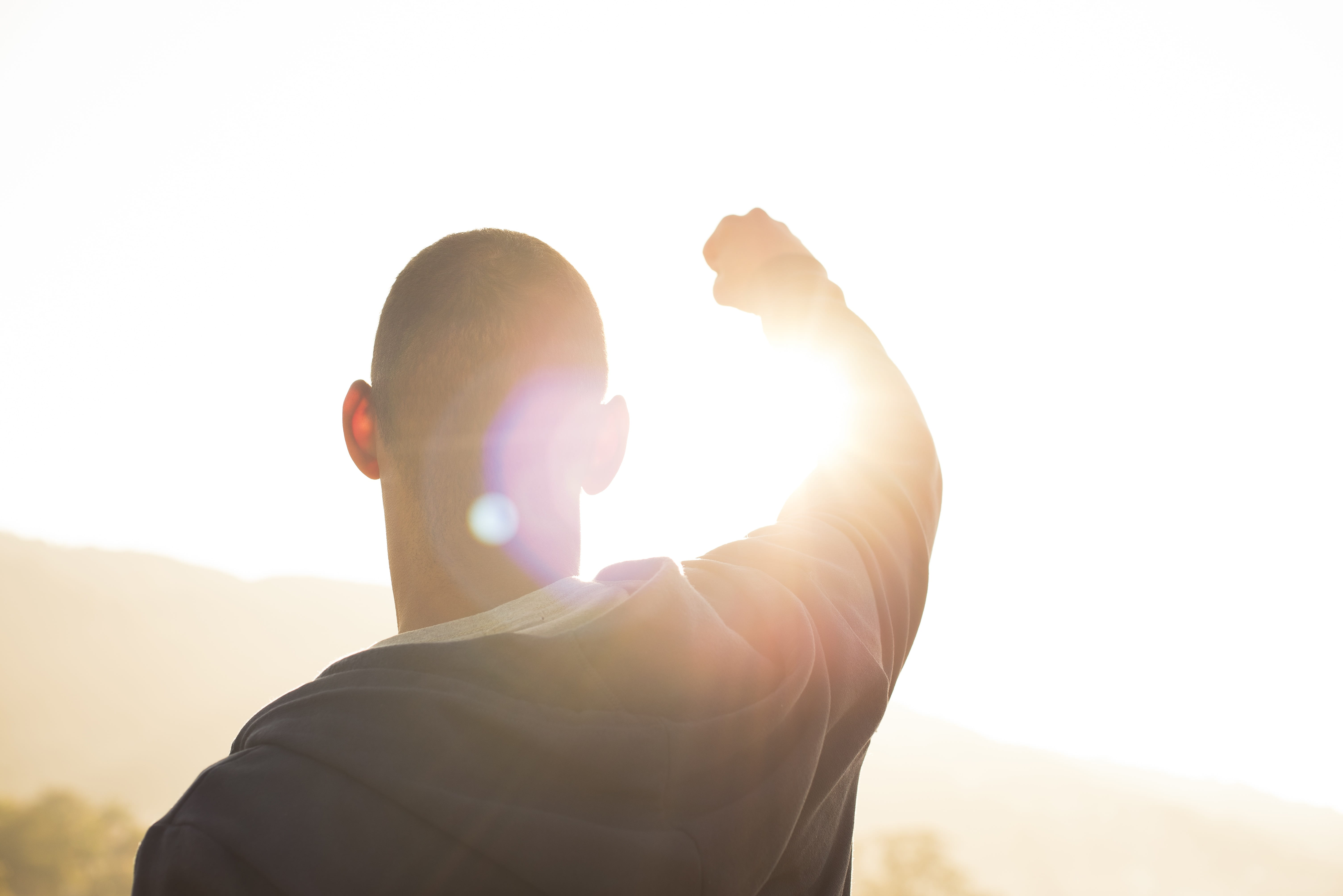 sky, victory, day, nature, eventide, sunbeam, 5K, man, black, joy, real people, outdoors, portrait, lifestyles, sunlight, headshot, one person, bright, HD Wallpaper