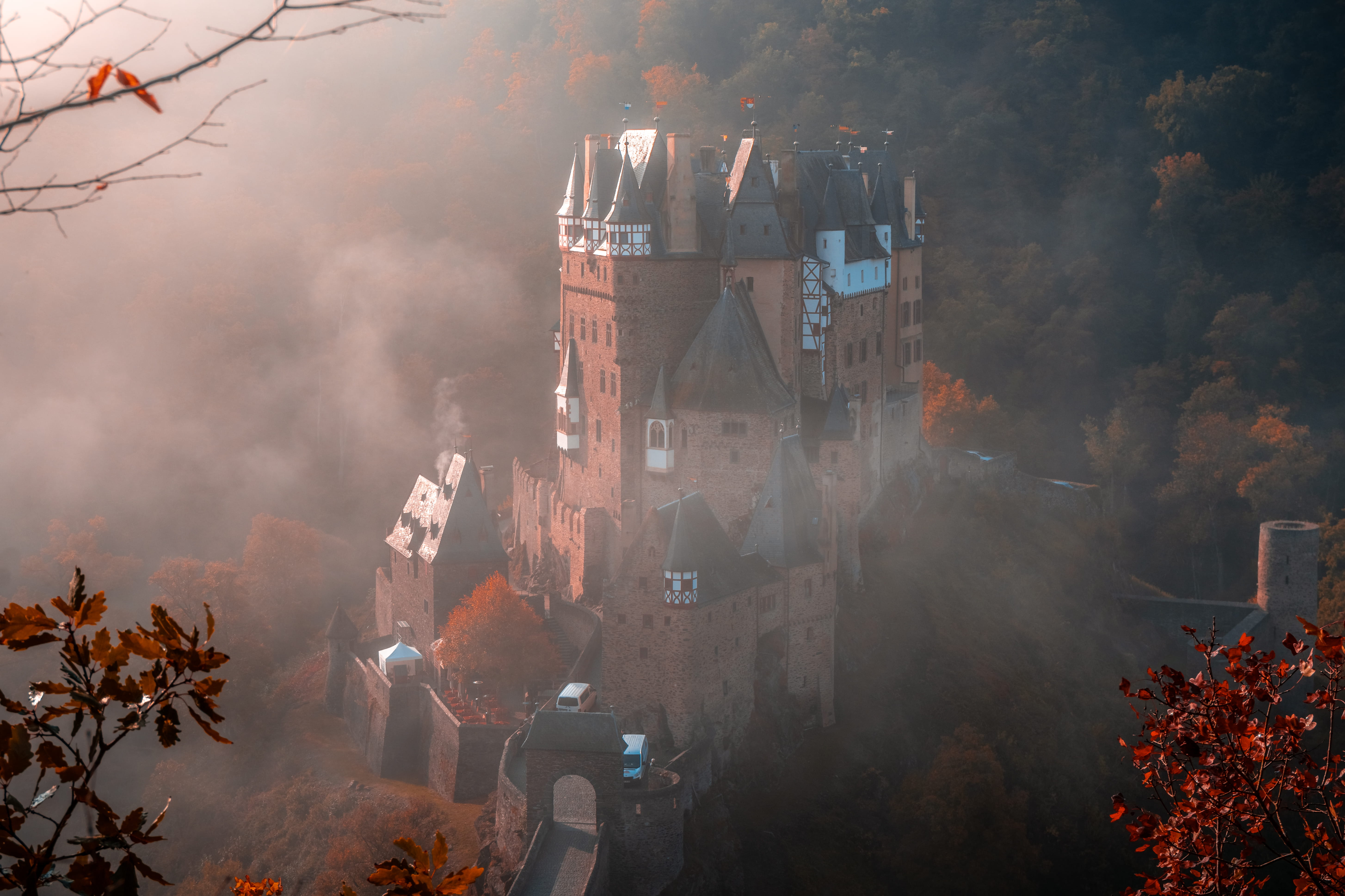 spooky, concrete, outdoors, forest, shine, trees, medieval, nature, red, wall - Building Feature, orangeteal, tower, gothic Style, dark, famous Place, old, HD Wallpaper