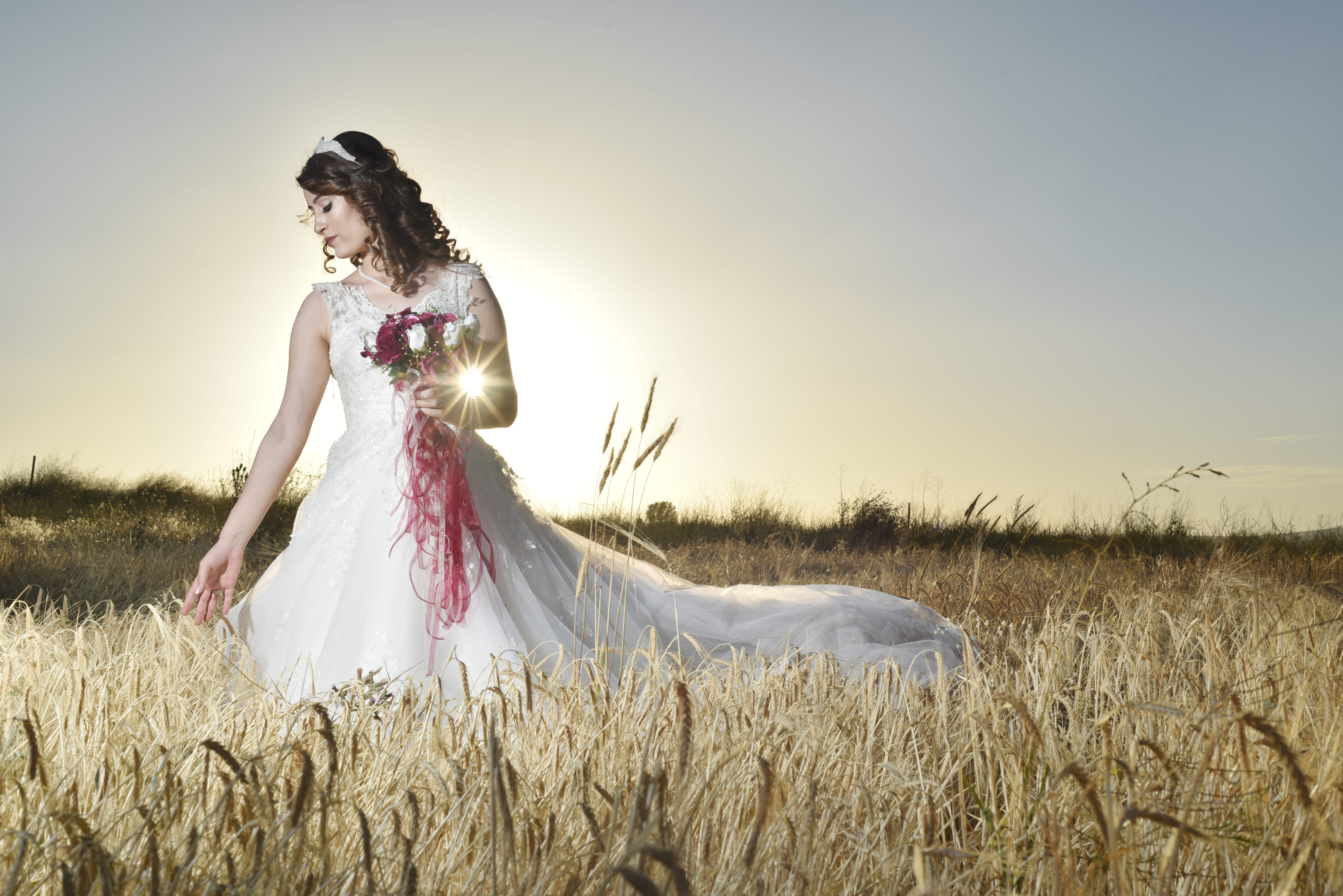 young adult, young women, wheat field, newlywed, farmland, grass field, adult, gown, nature, hairstyle, white, bride, sky, plant, woman, beautiful woman, HD Wallpaper