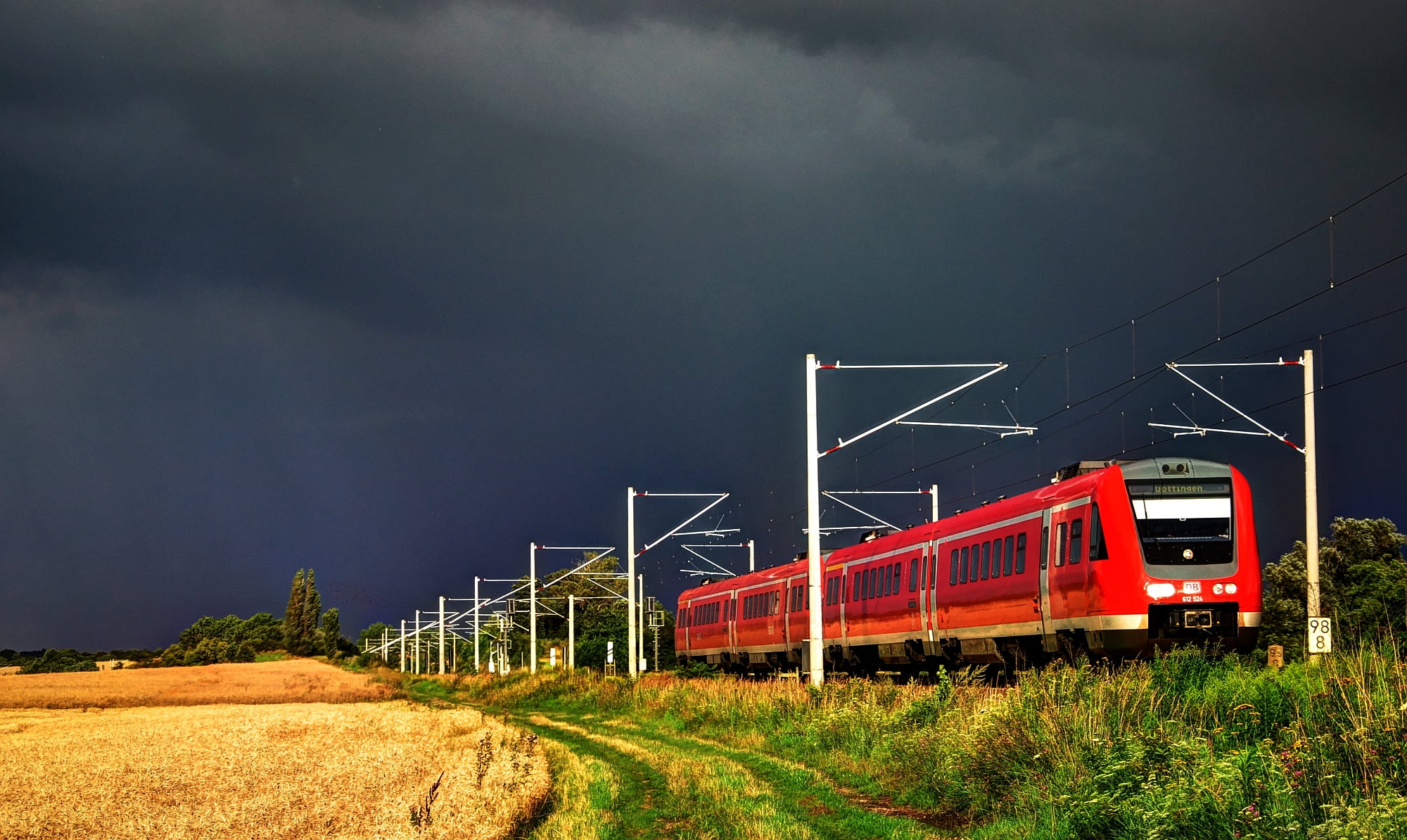 photo, railroad Track, color ...  red, Weather, cloud, Thunder, Feld, red, field, wheat, 1080P, Train, wheat field, nimbustratos, near, transportation, HD Wallpaper