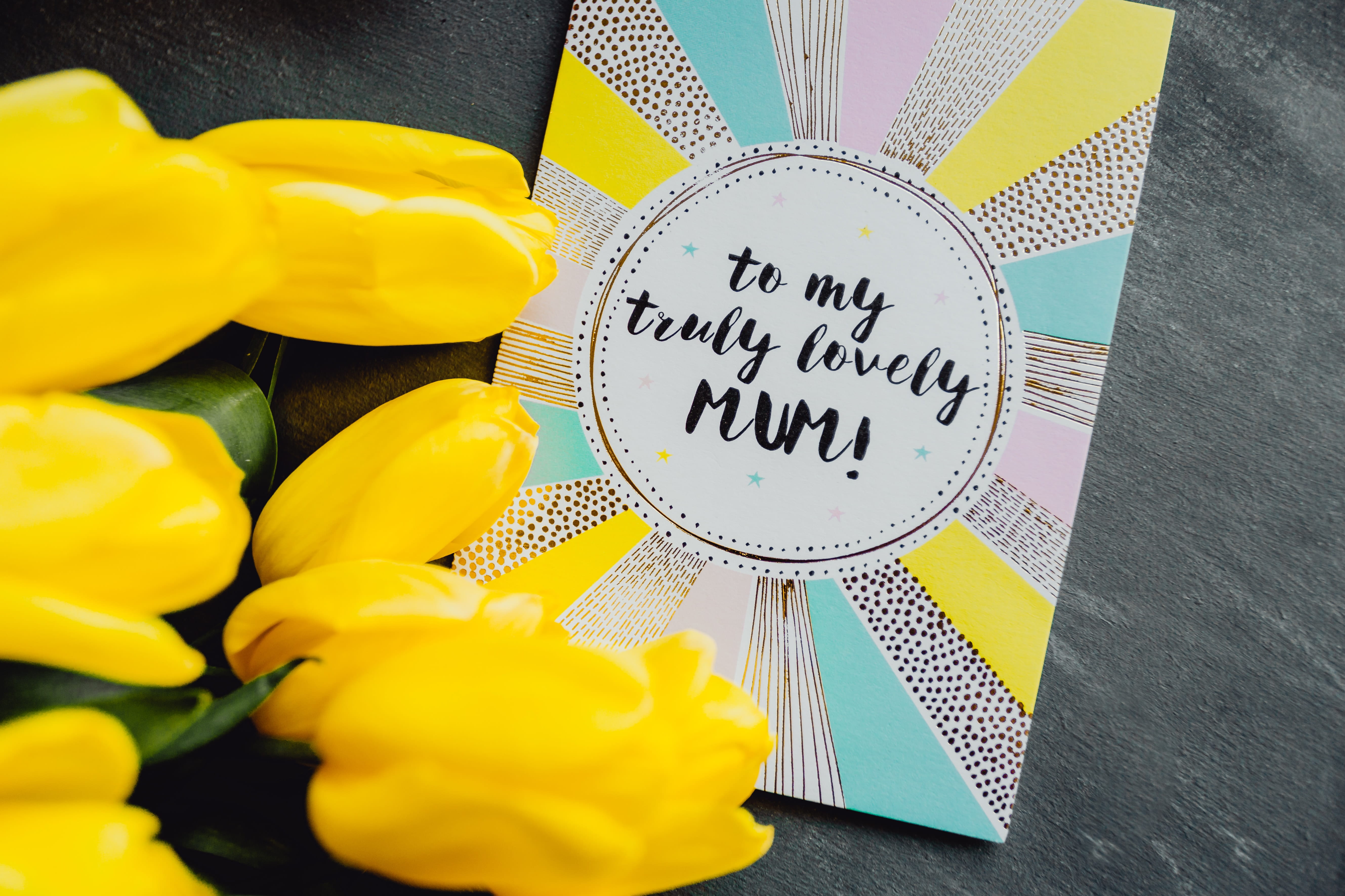 tulip, still life, plant, indoors, text, sweet food, food and drink, love, yellow, freshness, flower, tulips, greeting card, flowers, mothers day, no people, HD Wallpaper