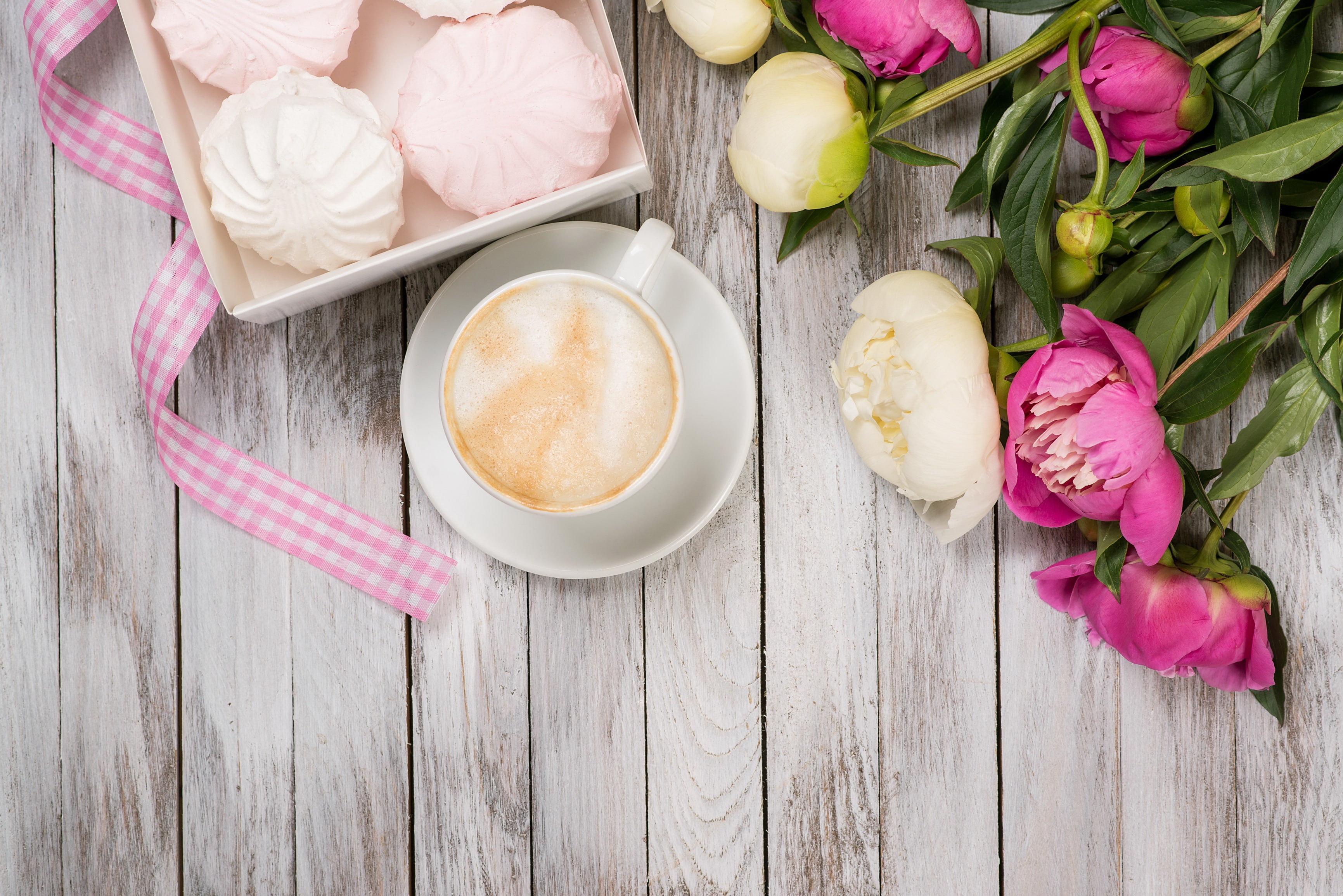 2K, marshmallows, valentine`s day, pink, romantic, flowers, peonies, buds, coffee, HD Wallpaper