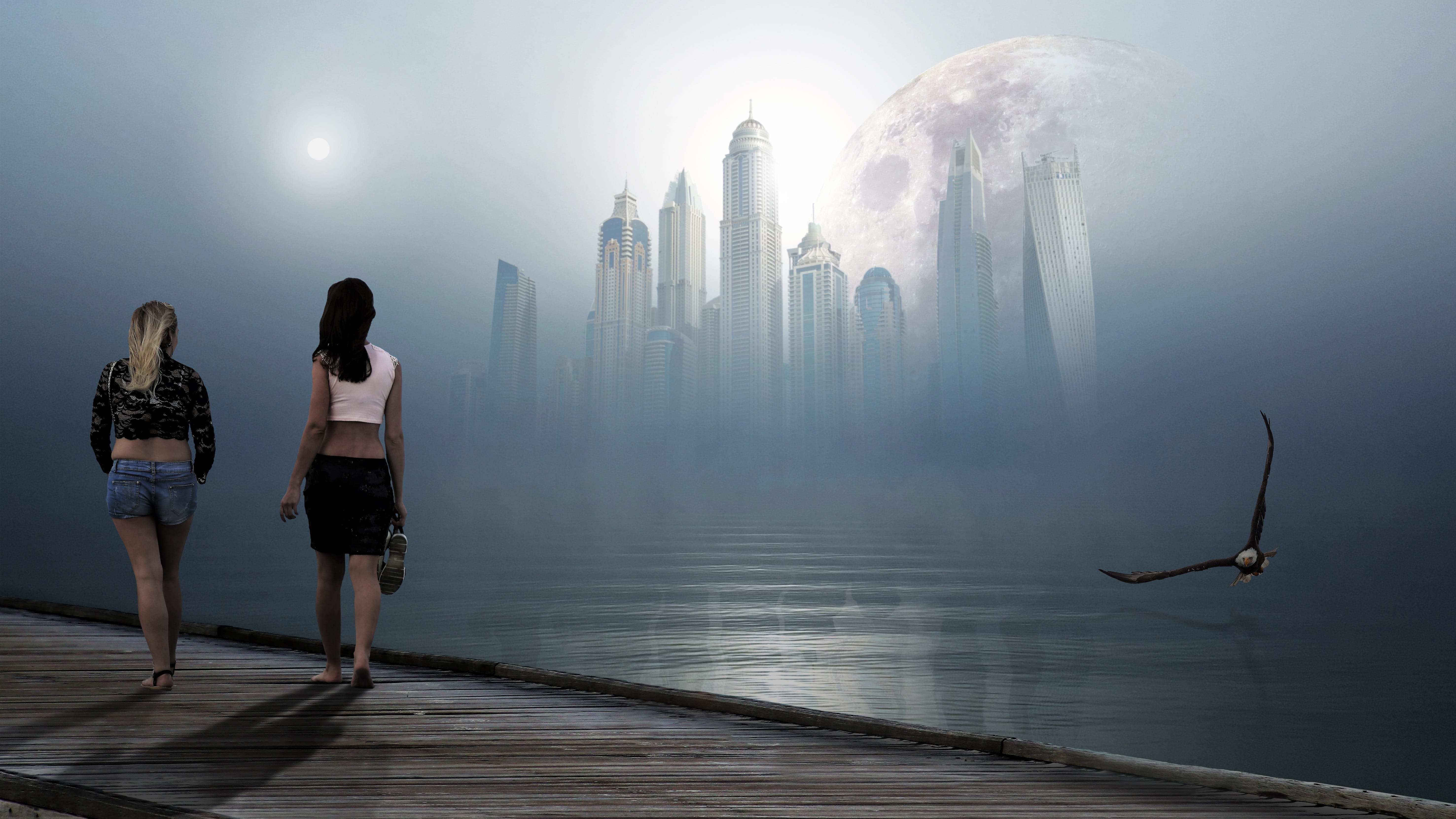 bridge, dubai, light, women, blue, sea, radius, house, standing, fog, the waves, full length, woman, the fog, number, skyscraper, adult, sky, leisure activity, HD Wallpaper