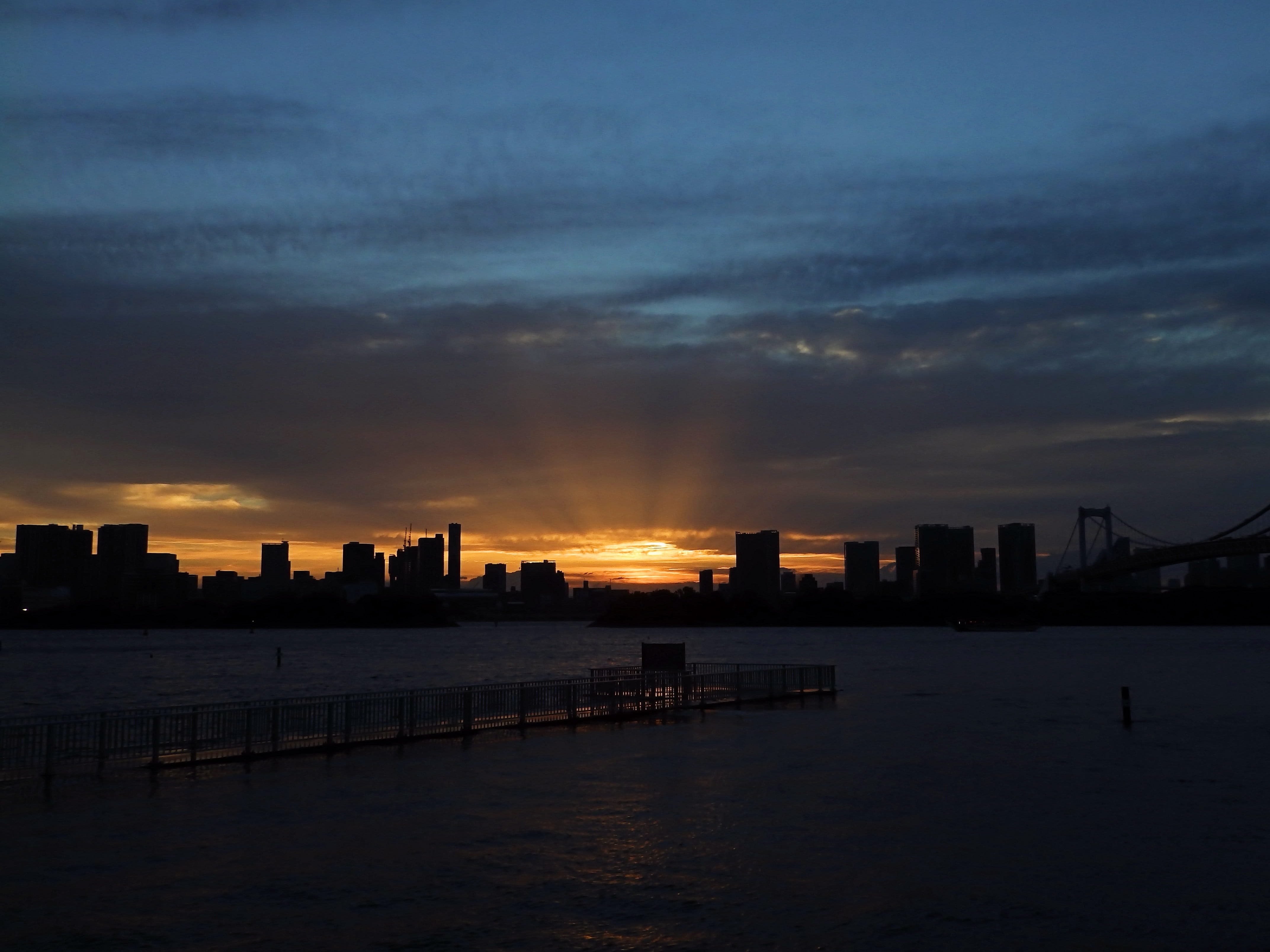 cove, urban skyline, building, cityscape, silhouette, waterfront, building exterior, sea, the pier, outdoors, nature, sunset, sun twilight, water, japan, HD Wallpaper