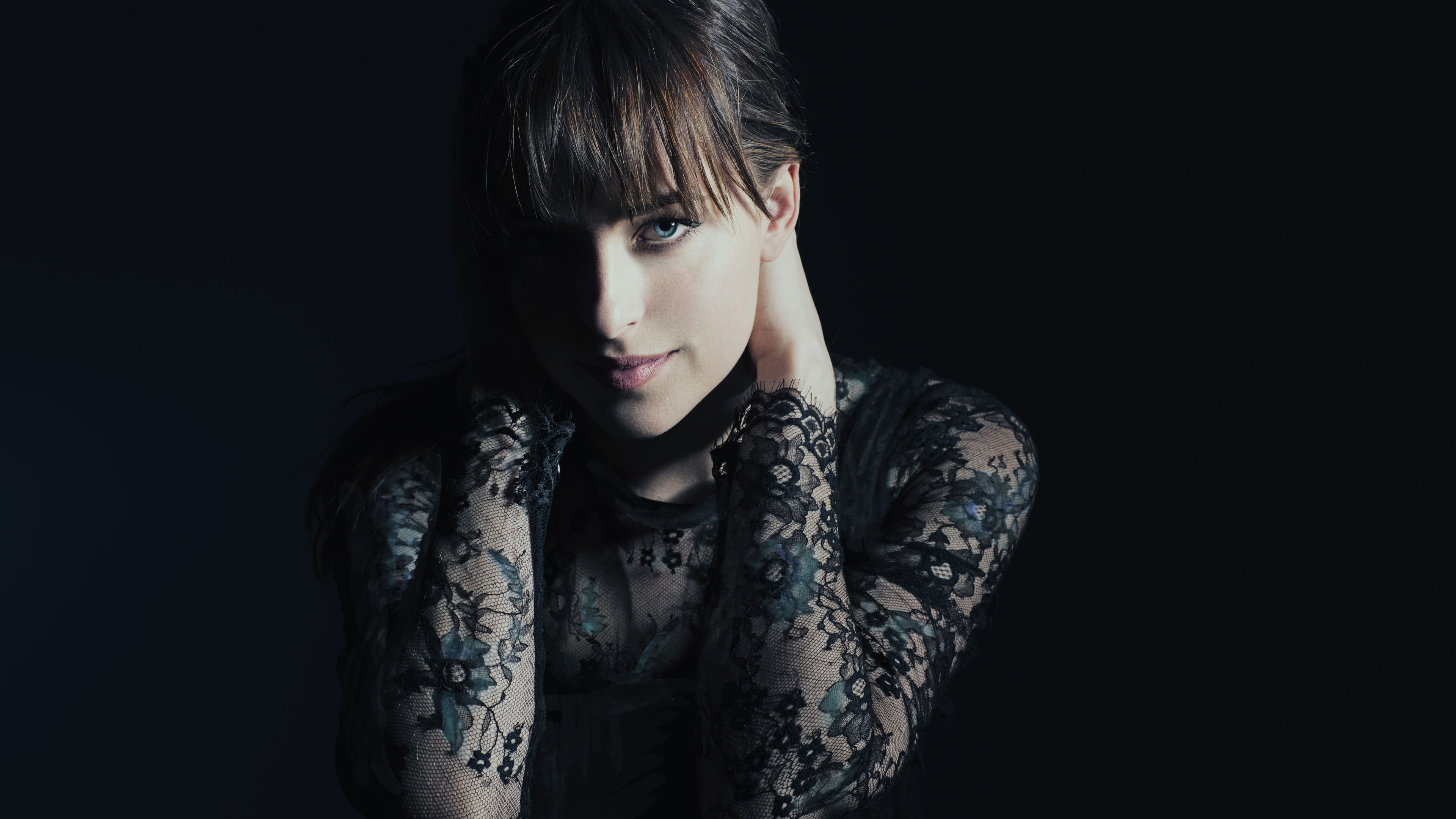Dakota Johnson, woman, black, lace, wearing, Promo shoot, 4K, long, Fifty Shades of Grey, sleeved, top, 4K, HD Wallpaper