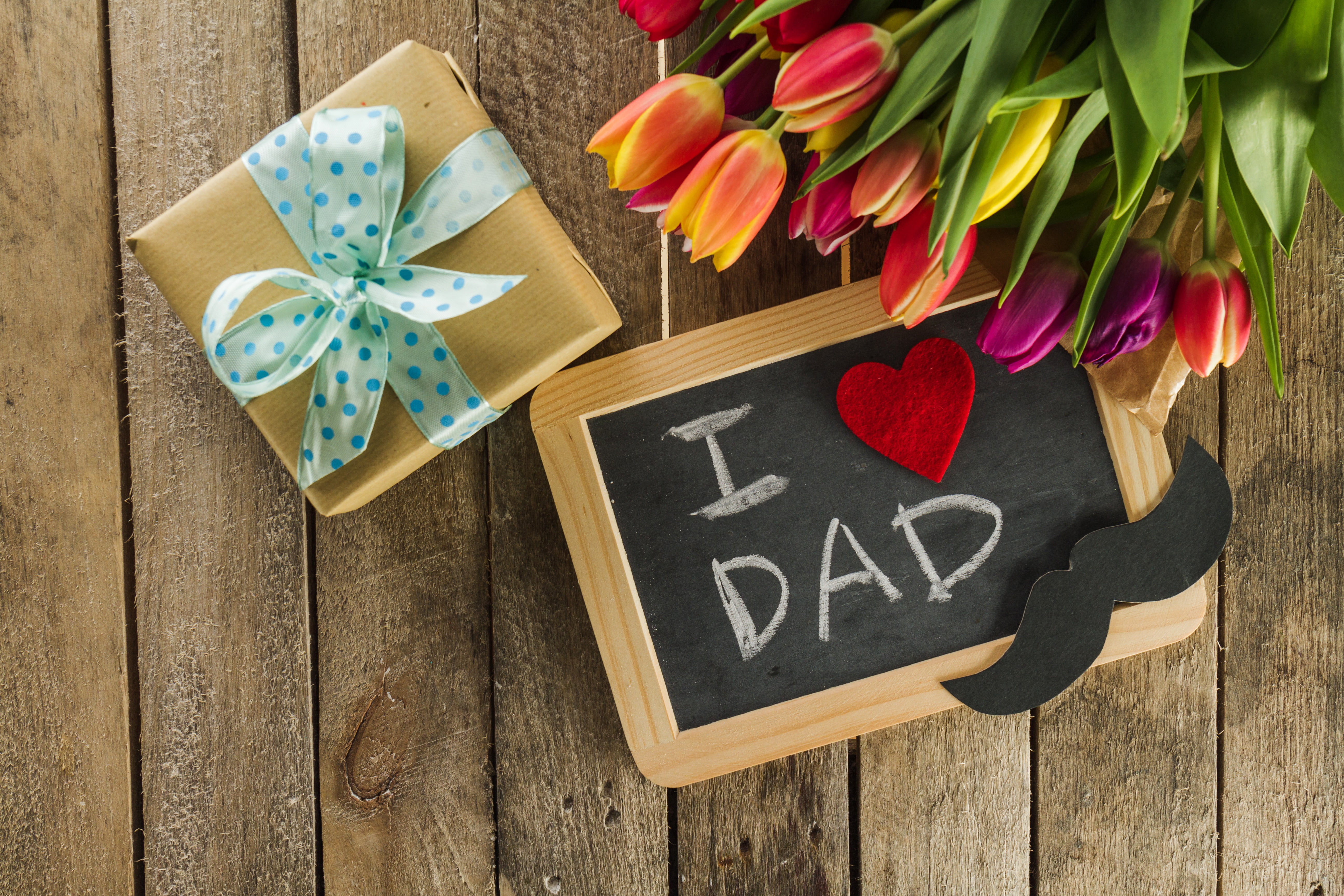 with, gift, composition, mustache, family, tulips, holiday, 5K, Father-s-day, wood, flowers, bouquet, HD Wallpaper