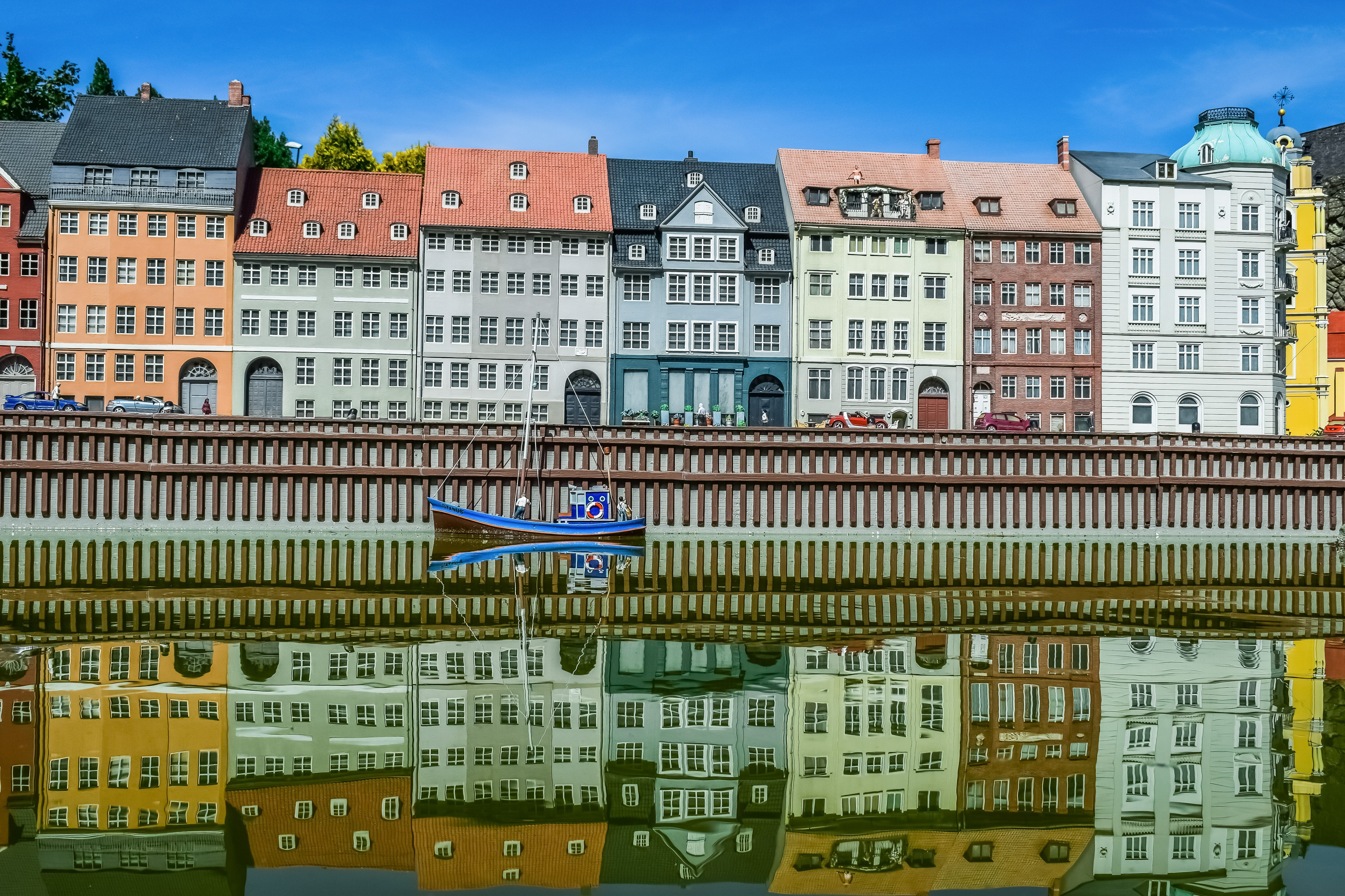 multi colored, sky, built structure, water, brussels, building, history, city, row house, mini europe, boats, harbor, reflections, nature, travel destinations, HD Wallpaper