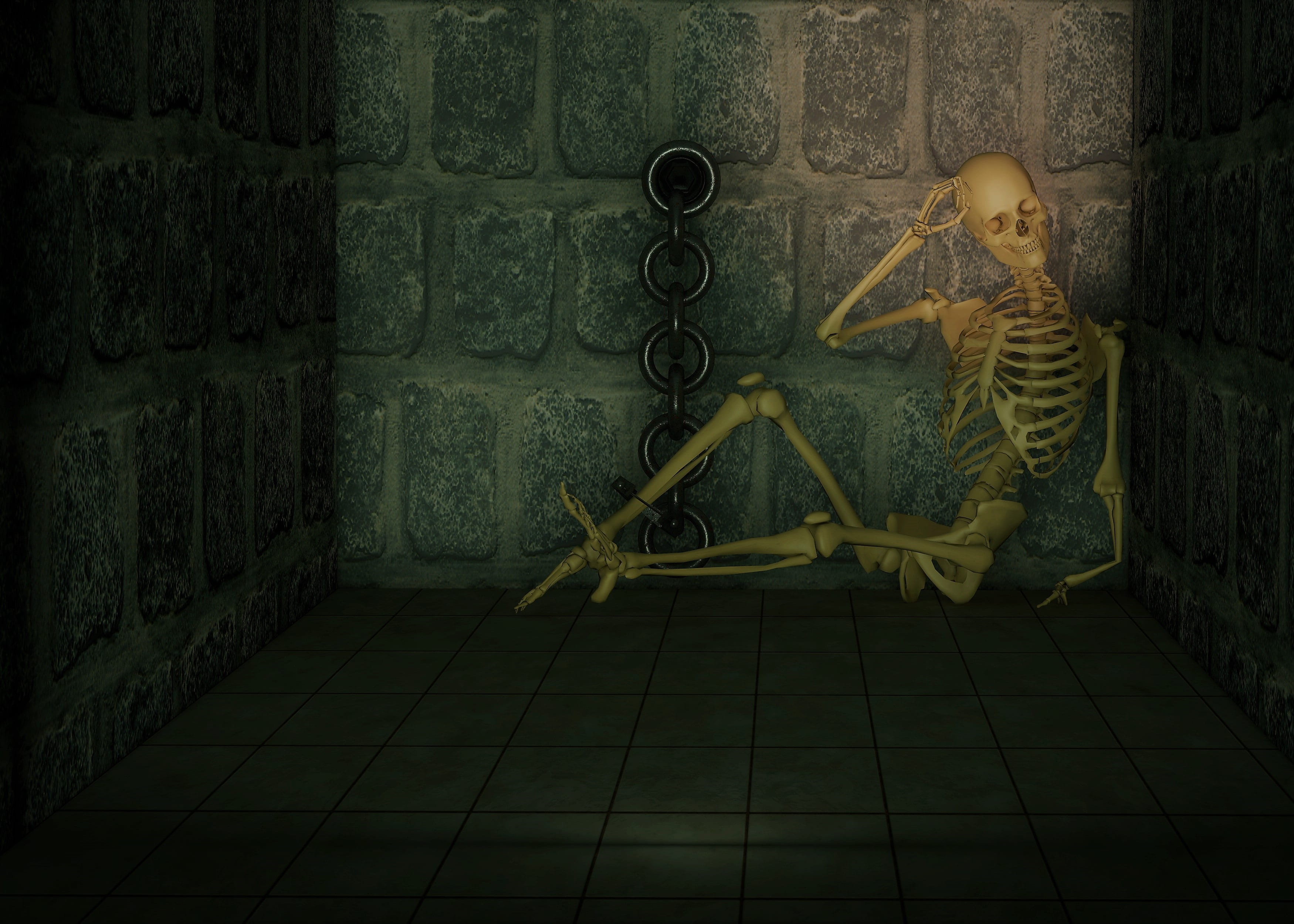 shackles, one person, metal, chained, hairstyle, non-, inside, backed up, wall, chains, sitting, clothing, indoors, dungeon, built structure, casual clothing, HD Wallpaper