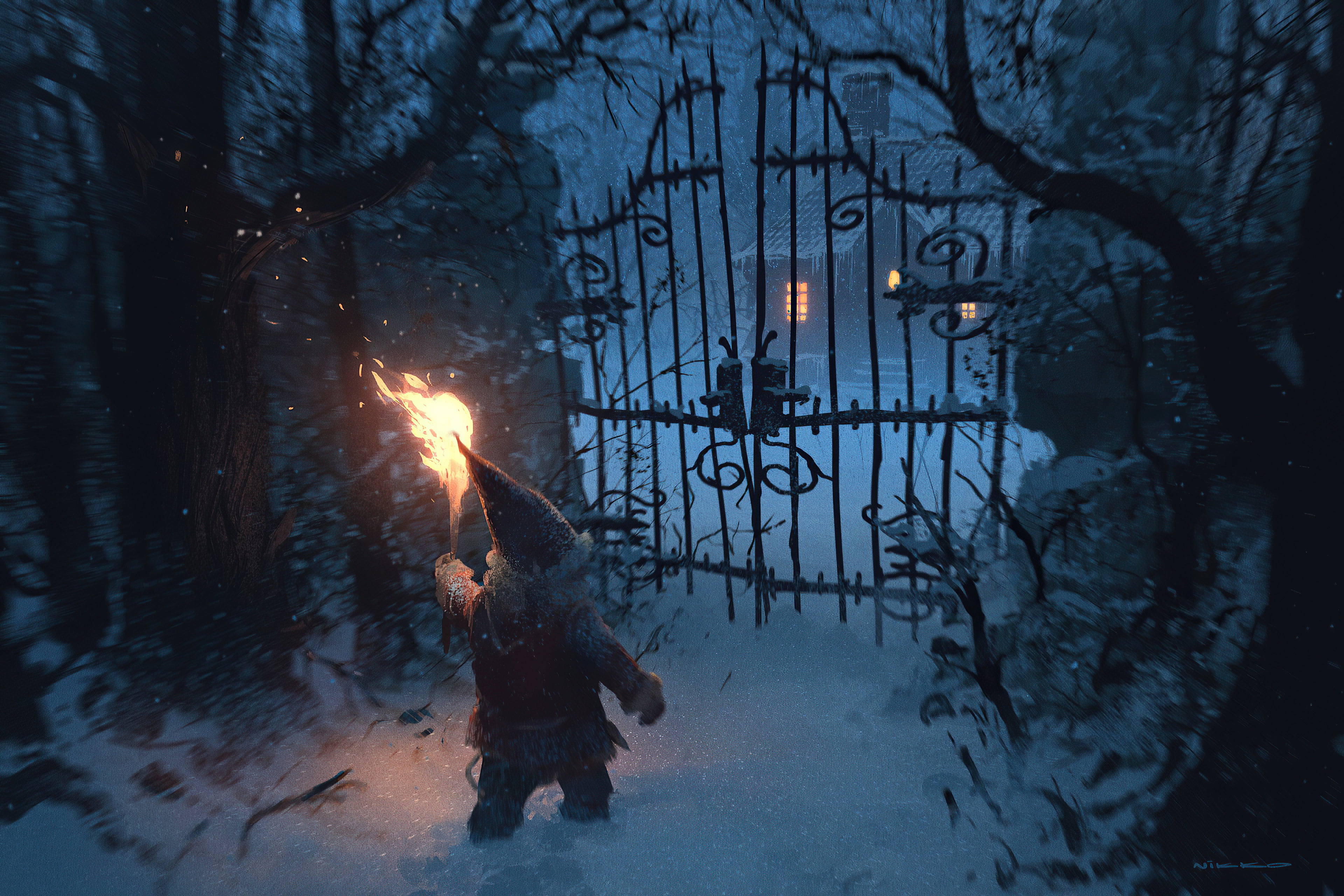 gnomes, 4K, gates, motion blur, snow, torches, fantastic realism, house, snow flakes, night, artwork, snowing, dwarf, winter, 2D, HD Wallpaper