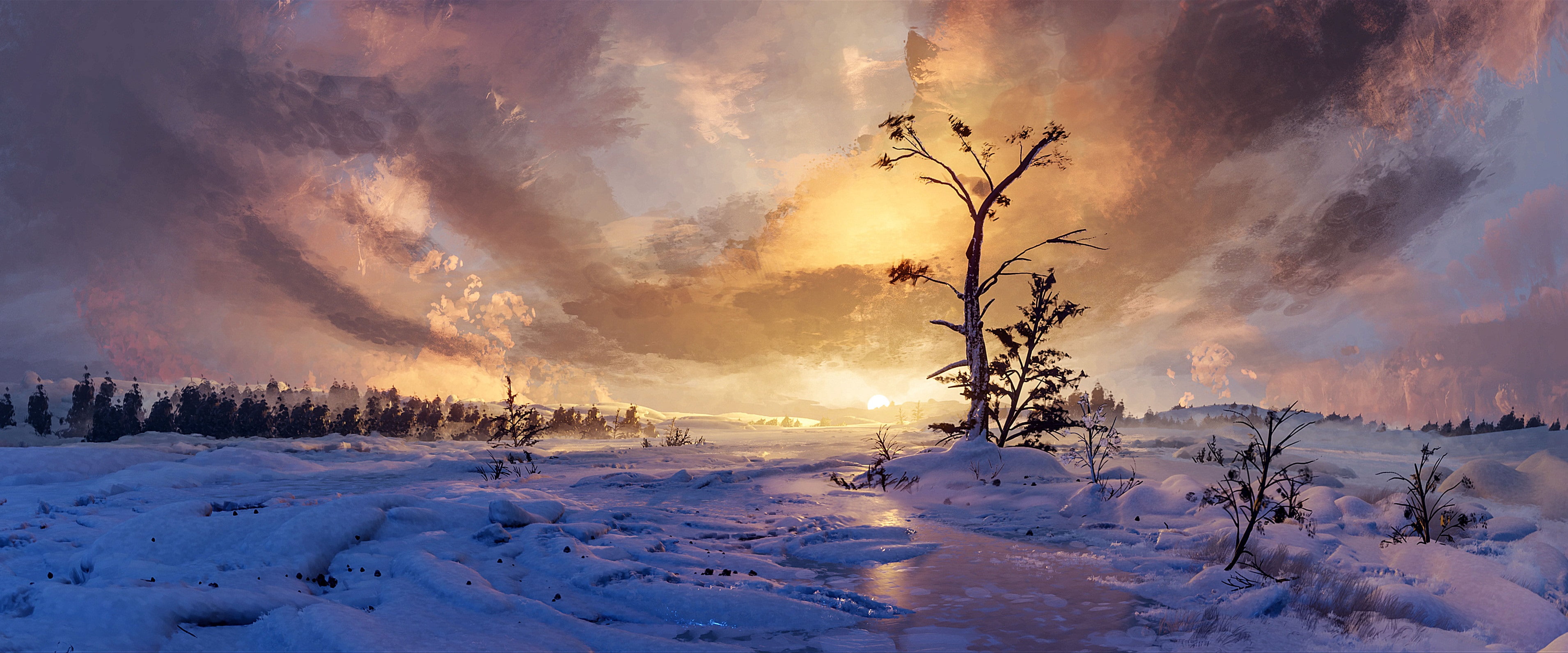 snow, Sun, nature, sky, snow covered, artwork, landscape, winter, trees, sunset, fantastic realism, frozen river, 2K, HD Wallpaper