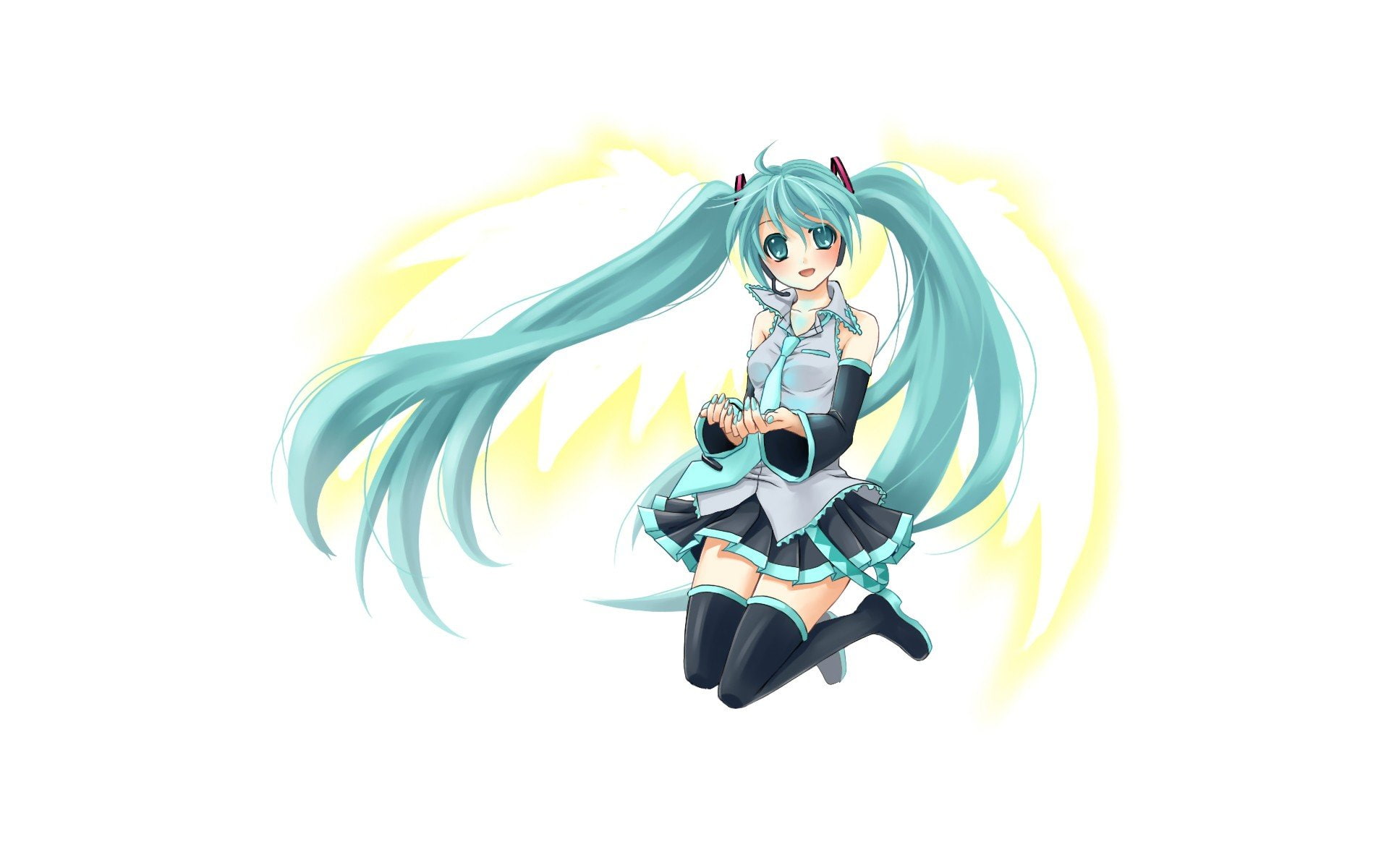 hatsune, girls, wings, thigh, anime, sleeves, detached, simple, realism, vocaloid, miku, 1080P, white, highs, background, HD Wallpaper