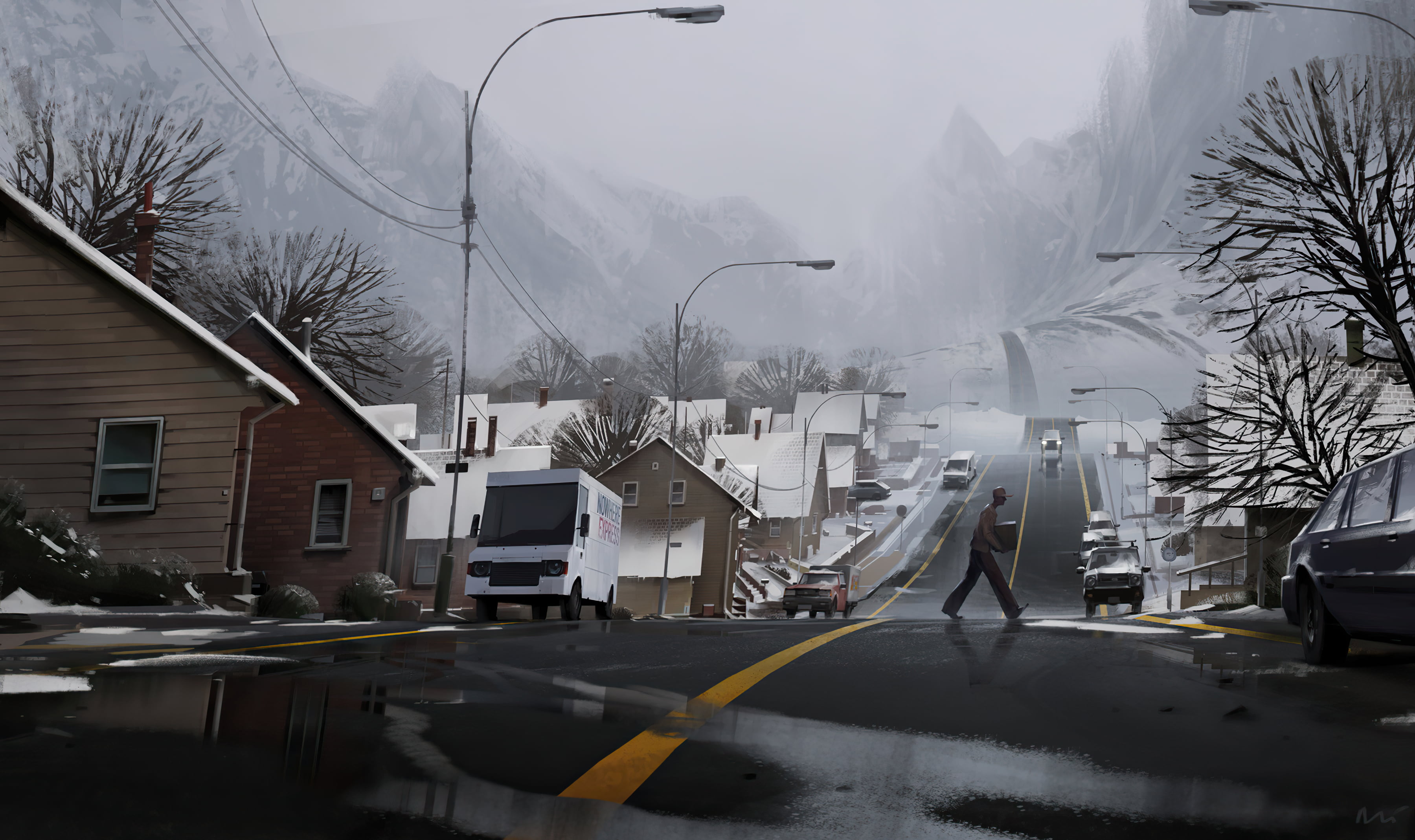 town, outdoors, house, snow, 2K, road, puddle, artwork, Van, landscape, street light, trees, 2D, fantastic realism, mountains, Headlights, vehicle, winter, HD Wallpaper