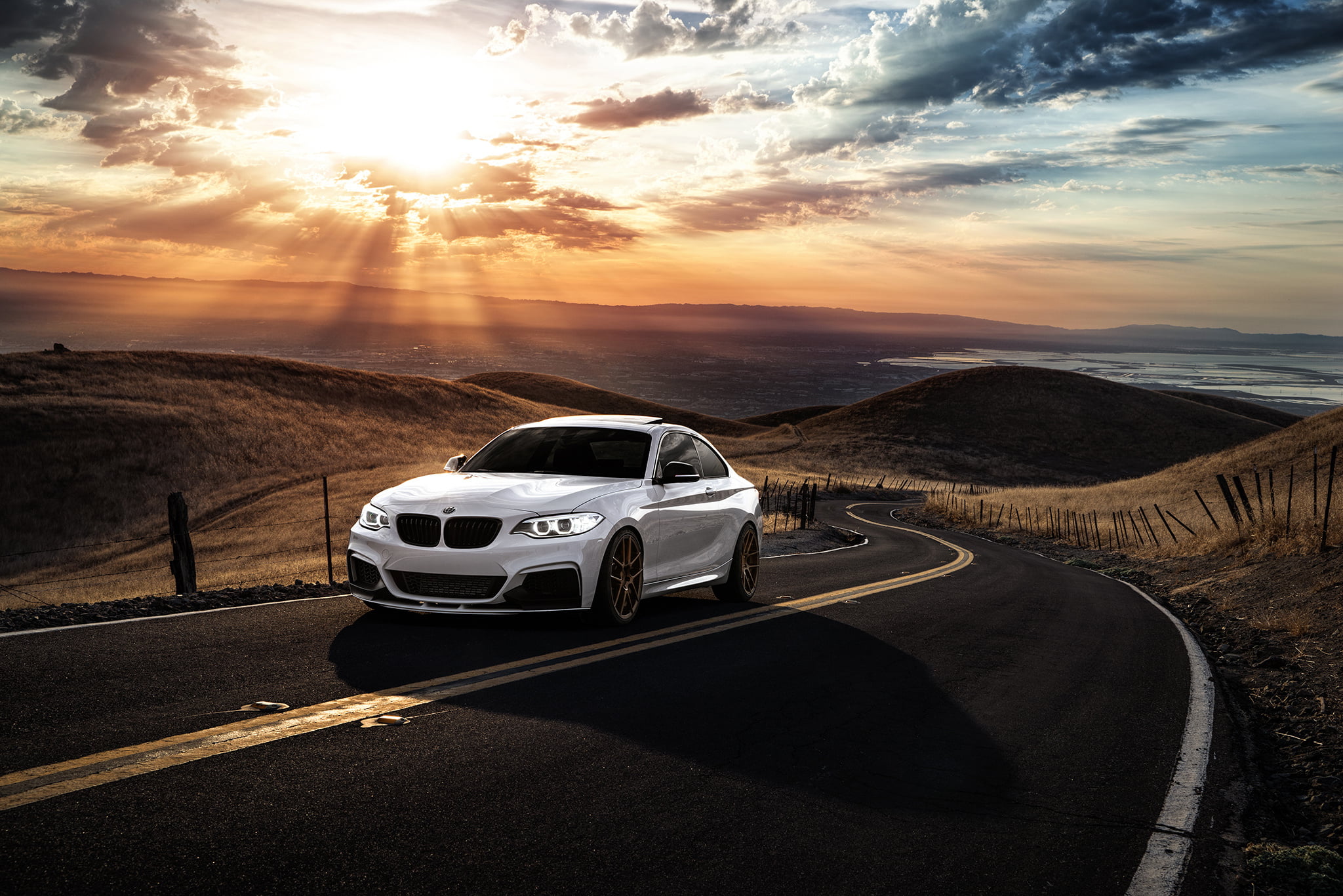 Mountains, Sunrise, sunlight, no people, travel, 1080P, mode of transportation, road trip, M235i, Garde, beauty in nature, sunbeam, BMW, lens flare, Car, HD Wallpaper