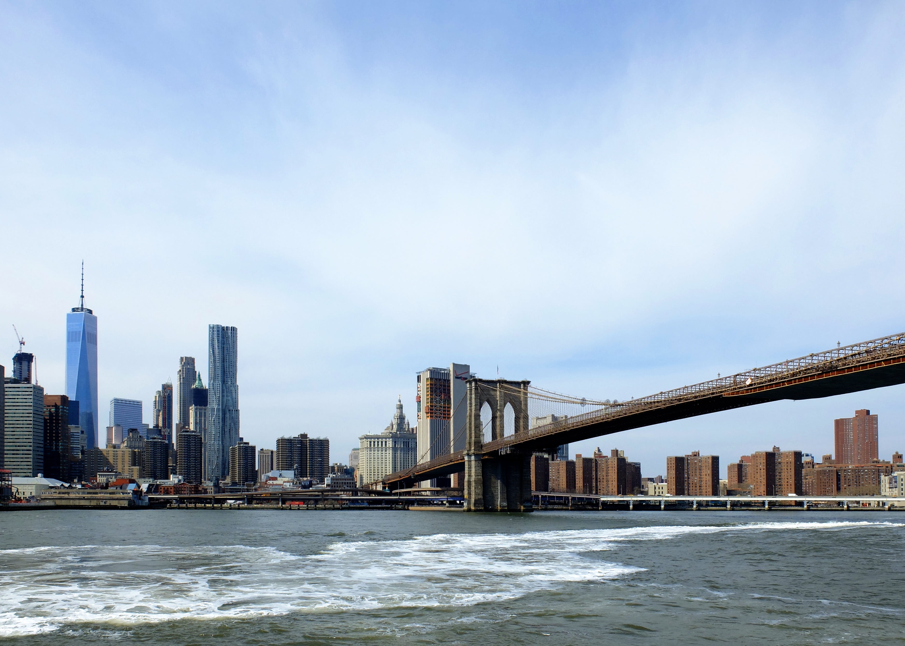 metropolis, travel, cityscape, usa, spire, architecture, new york, america, tourism, modern, nyc, brooklyn bridge, ny, sea, panorama, suspension bridge, HD Wallpaper