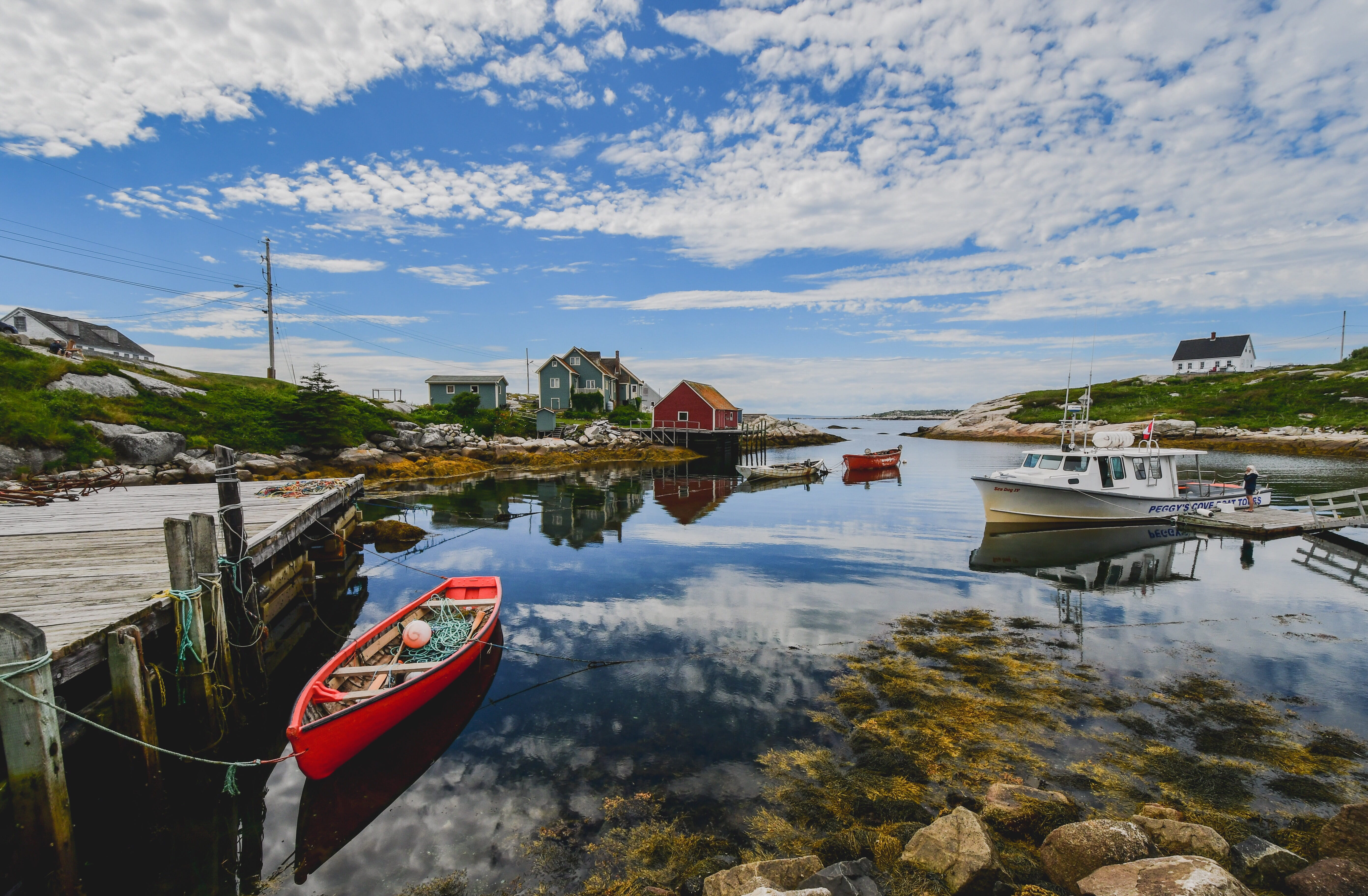 nautical vessel, sky, water, river, clouds, transportation, bridge, color, 5K, nature, pontoon, built structure, moored, peggys cove, boat, cloud - sky, HD Wallpaper