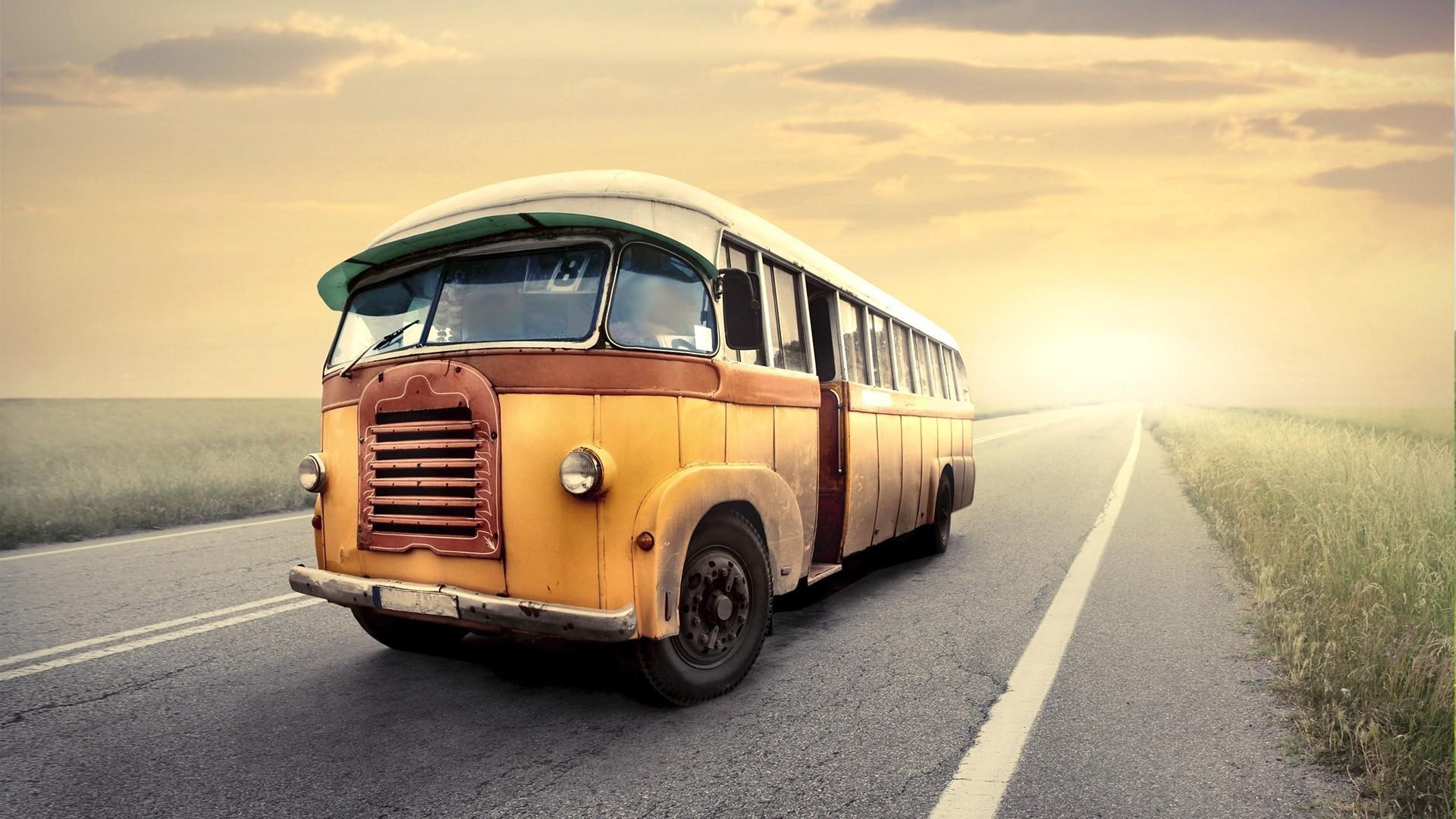 road, old, 1080P, way, highway, bus, sunset, retro, vintage, HD Wallpaper