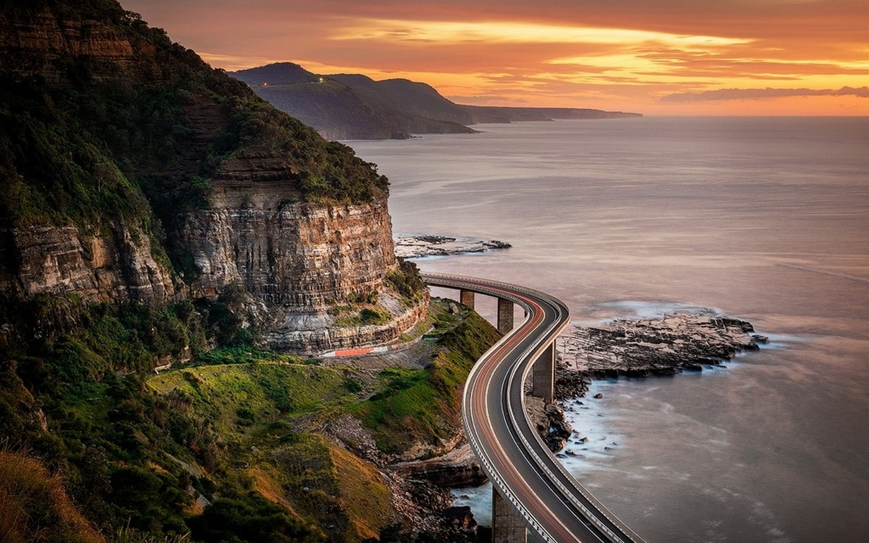 clouds, highway, cliff, landscape, 480P, mountains, nature, shrubs, sea, coast, sunset, HD Wallpaper