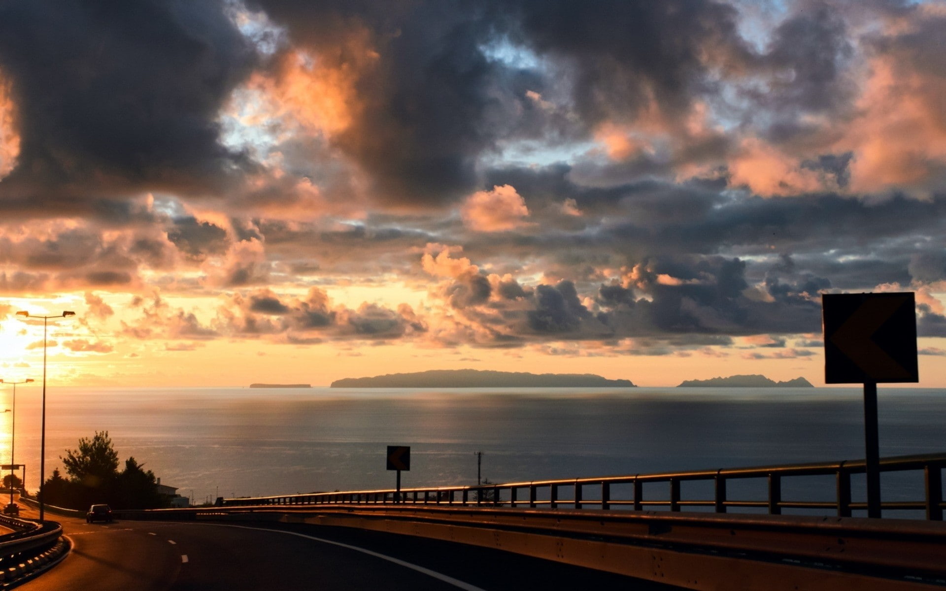 motor vehicle, orange color, transportation, horizon over water, no people, horizon, sky, car, water, dramatic sky, sunset, sea, nature, road, coast, yellow, HD Wallpaper